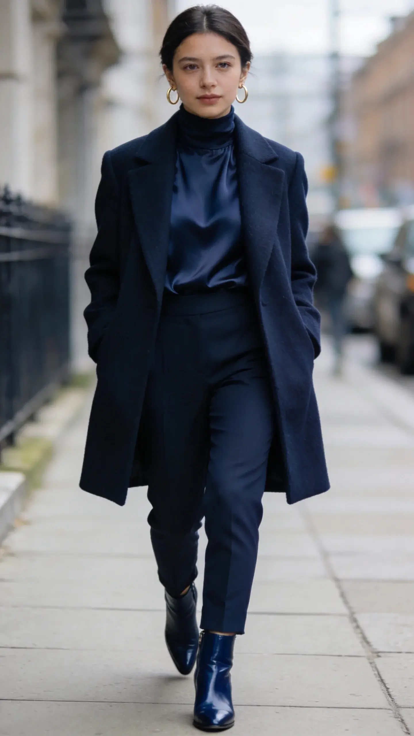 A petite woman walking confidently down a city sidewalk wearing a head-to-toe navy outfit: tailored navy wool coat, navy silk turtleneck, slim navy trousers, and matte navy leather ankle boots; minimal gold hoop earrings; soft overcast lighting; shallow depth of field; no text.