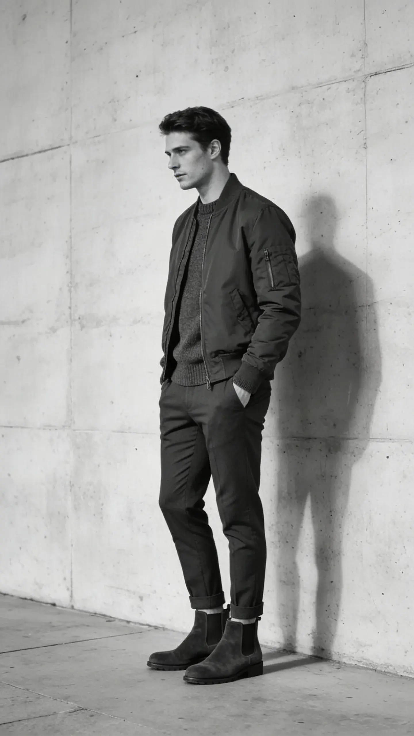A man standing against a light concrete wall in a full charcoal monochrome look: charcoal bomber jacket, charcoal cashmere sweater, dark charcoal tapered trousers, and charcoal suede Chelsea boots; slight side profile; clean, modern styling; soft shadows; no text.