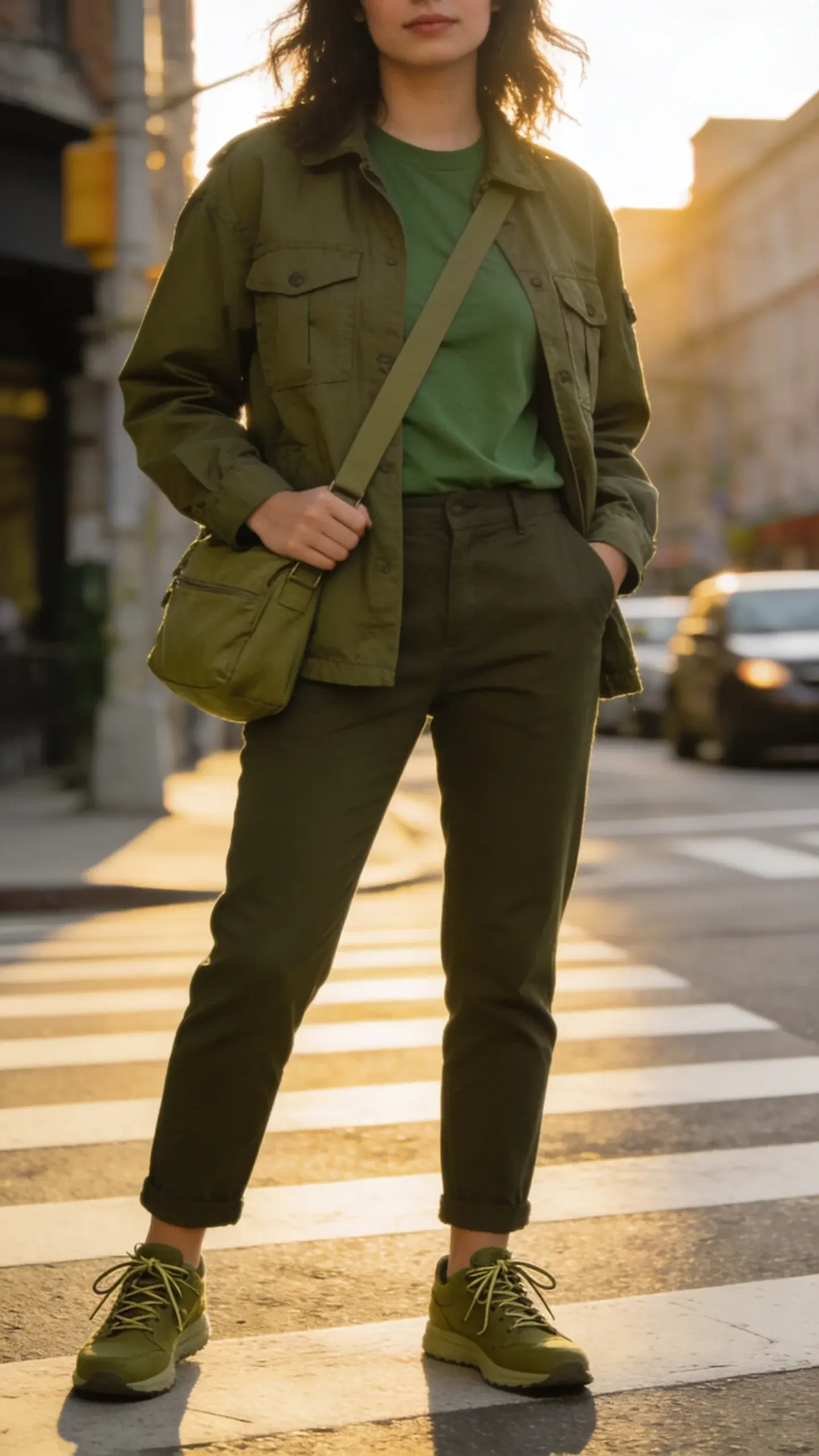 Street-style shot of a woman in olive near-monochrome: olive utility jacket, moss-green tee, deep olive straight-leg pants, and tonal olive-laced sneakers; crossbody in muted khaki; golden hour light; urban crosswalk backdrop; no text.