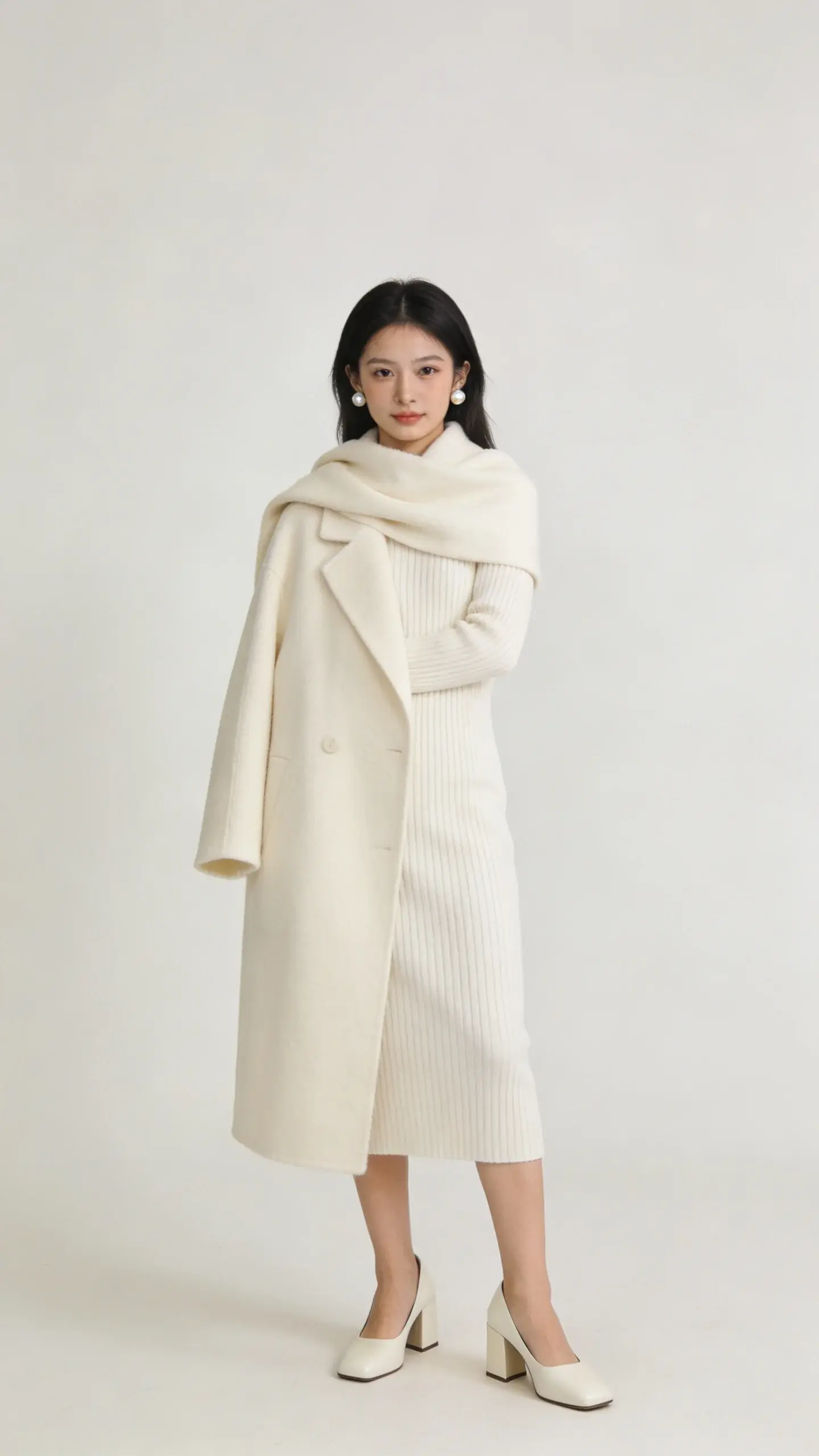 Editorial-style photo of a petite woman wearing head-to-toe ivory: cream wool coat draped over shoulders, ivory ribbed knit dress, and cream block-heel pumps; soft studio backdrop in off-white; delicate pearl studs; no text.
