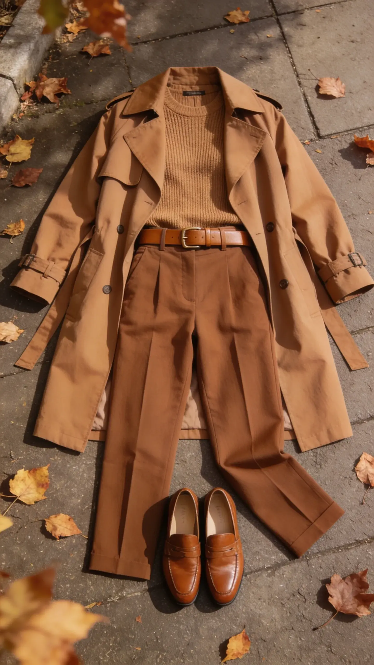 Overhead angle capturing a tonal brown outfit: camel trench coat, tan fine-knit top, cognac high-waisted trousers, and caramel leather loafers; matching belt; autumn leaves on pavement; diffused daylight; no text.