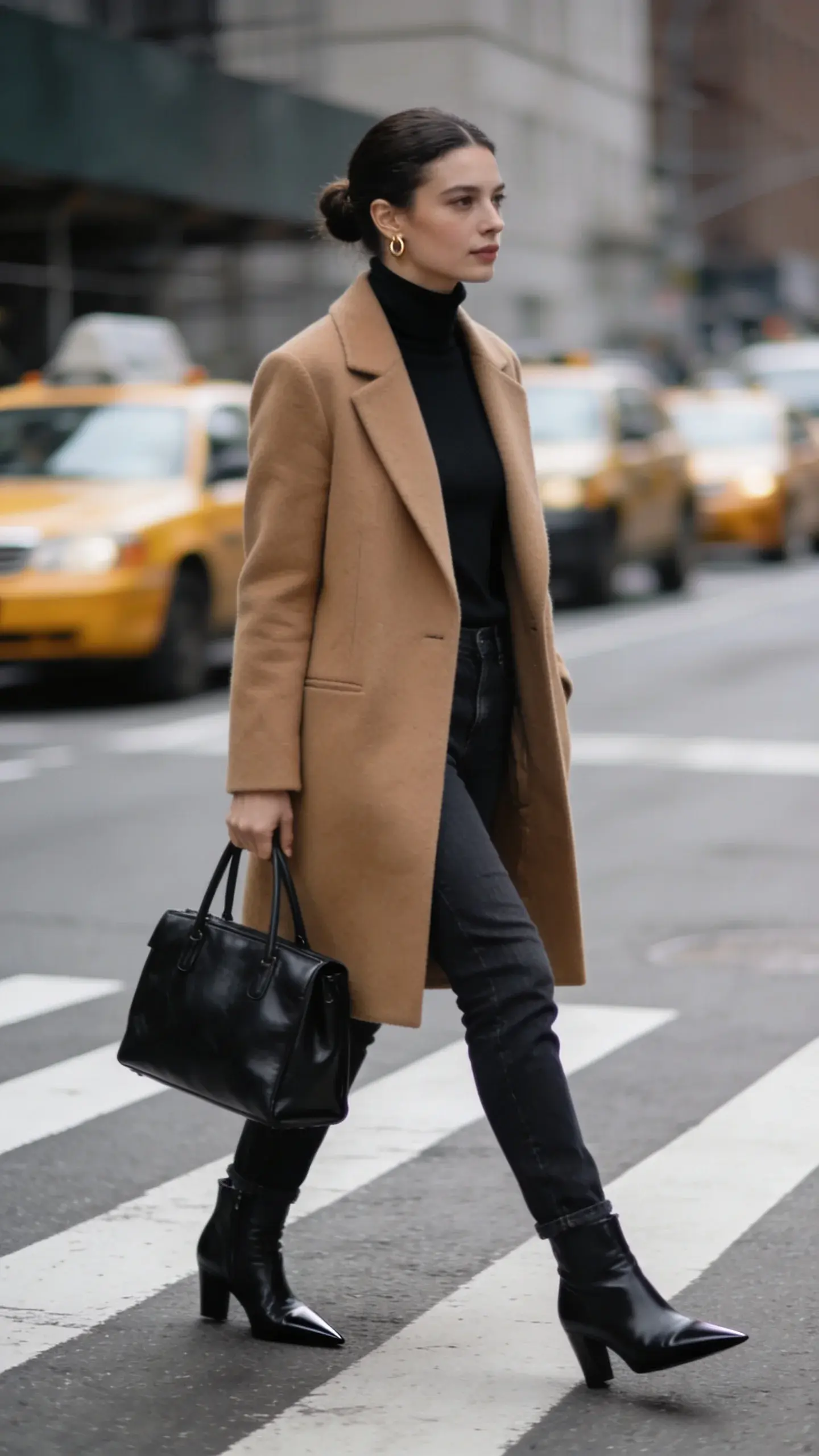 Street-style photo of a confident woman crossing a city crosswalk in a knee-length camel wool coat with clean lines, fitted black turtleneck underneath, dark straight-leg jeans, black pointed leather ankle boots, and a structured black leather tote; overcast daylight, minimal jewelry (small gold hoops), sleek low bun, no visible logos, crisp shadows, neutral color palette, urban backdrop with blurred taxis.