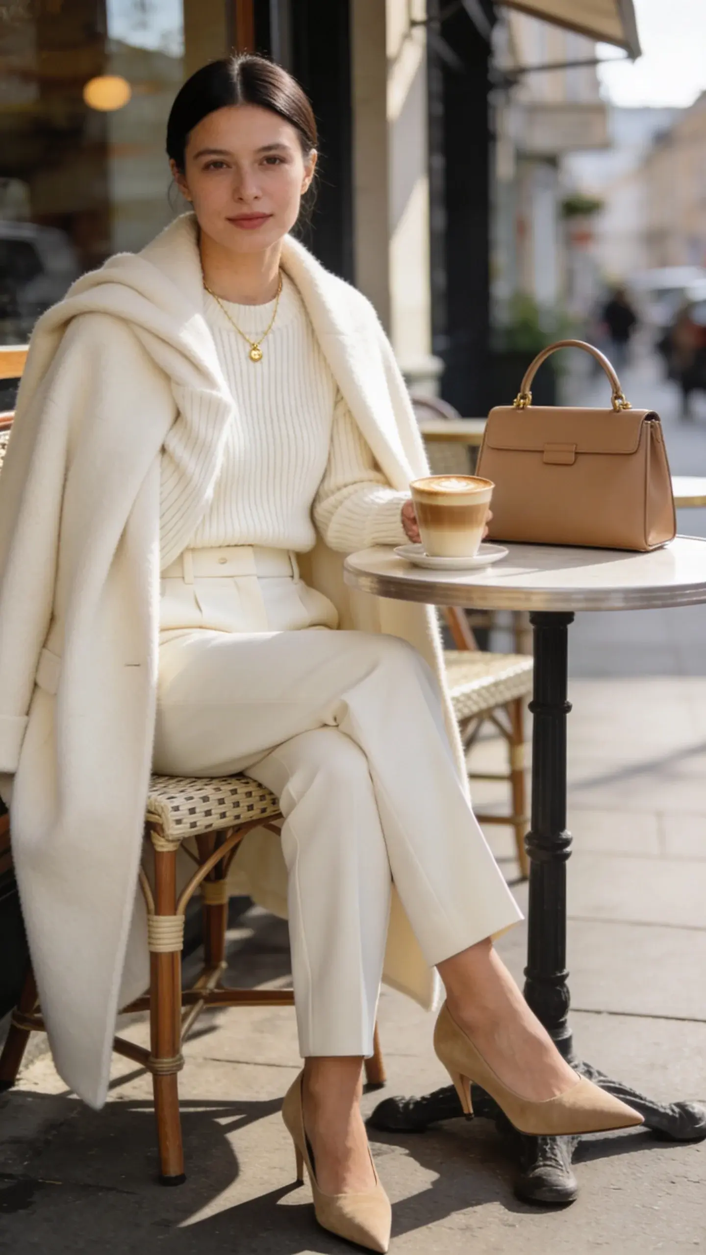 Sidewalk café scene of a woman in a monochrome cream outfit: longline cream wool coat draped over shoulders, matching high-waisted tailored trousers, ribbed cream knit sweater tucked in, beige suede pointed pumps, and a taupe structured top-handle bag; soft morning light, cappuccino on table, subtle gold necklace, tidy center-part hair.