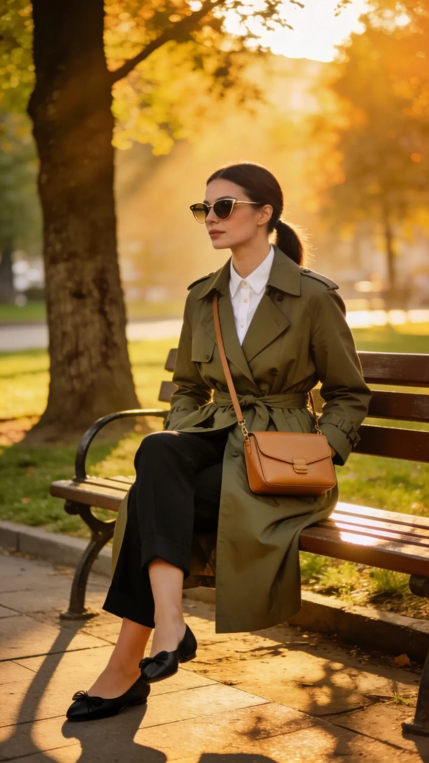 City park bench shot of a woman in an olive trench coat cinched at the waist, white button-down shirt tucked into black cigarette pants, polished black ballet flats, and a structured tan crossbody bag; subtle cat-eye sunglasses, hair in a neat low ponytail, golden hour light filtering through trees.