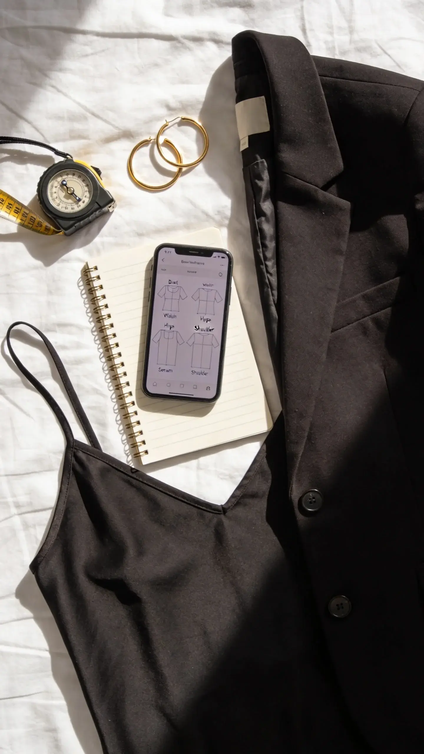 Flat lay on a white bed: a pocket-sized tape measure, a small notebook phone with measurements app open showing bust/waist/hips/inseam/shoulder width, a simple black slip dress, structured blazer, and gold hoop earrings; soft shadowing, clean composition.