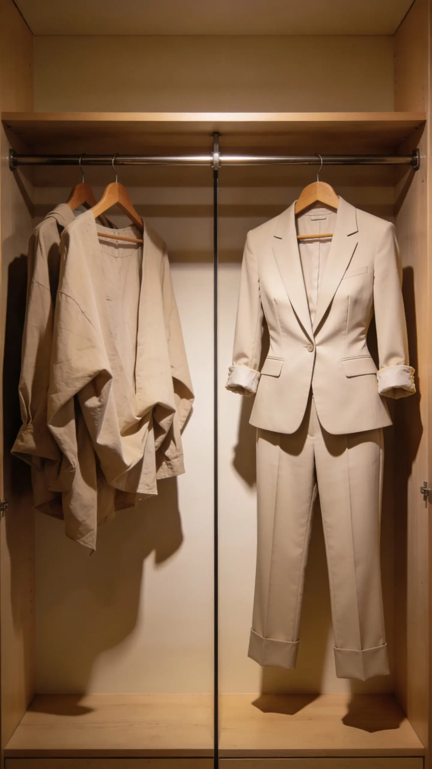 Side-by-side wardrobe rail: left side with slouchy, ill-fitting pieces; right side with the same items perfectly tailored (nipped waist blazer, hemmed trousers, adjusted sleeves); warm closet lighting, wooden hangers, no brand labels.