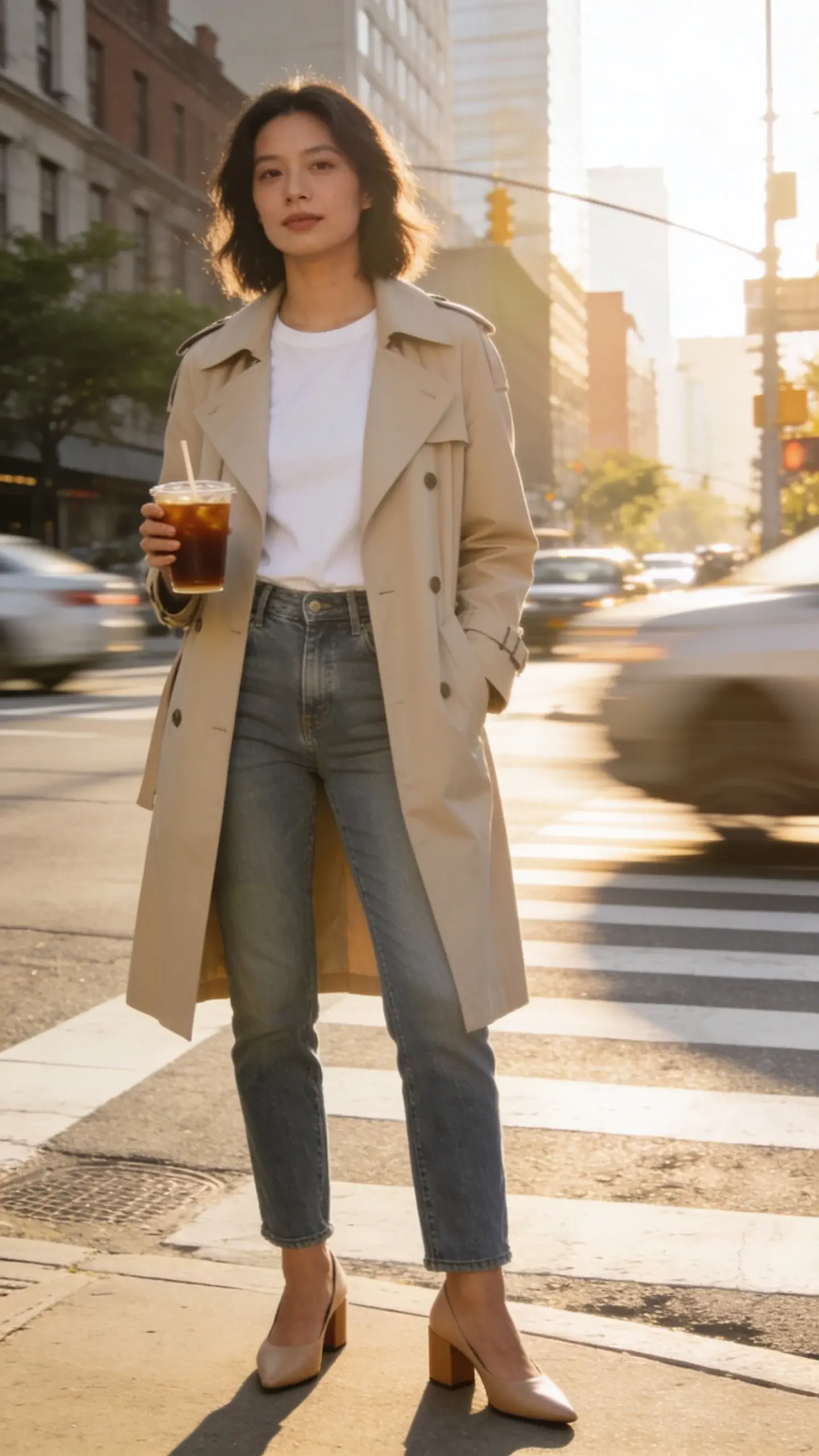 Morning street scene: woman with iced coffee in hand, crisp white tee tucked into perfectly fitting straight-leg jeans, structured trench coat, low block heels; city crosswalk at 8 a.m., soft golden light, effortless expression.