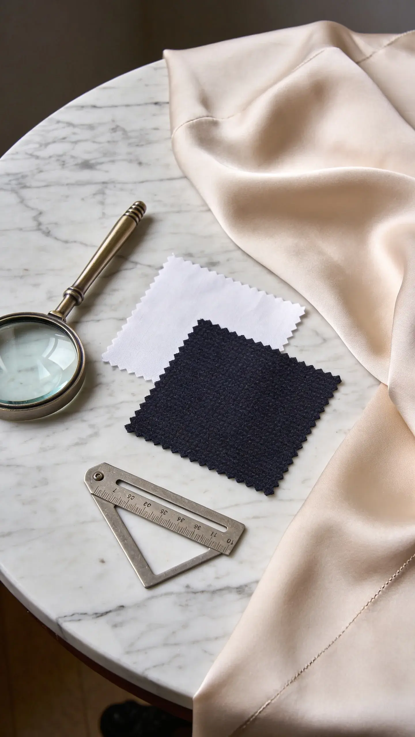 Fabric-focused still life: swatches of structured wool, crisp cotton poplin, and fluid silk laid out on a marble table beside a magnifying glass and seam gauge; neutral tones with one pop of deep navy.