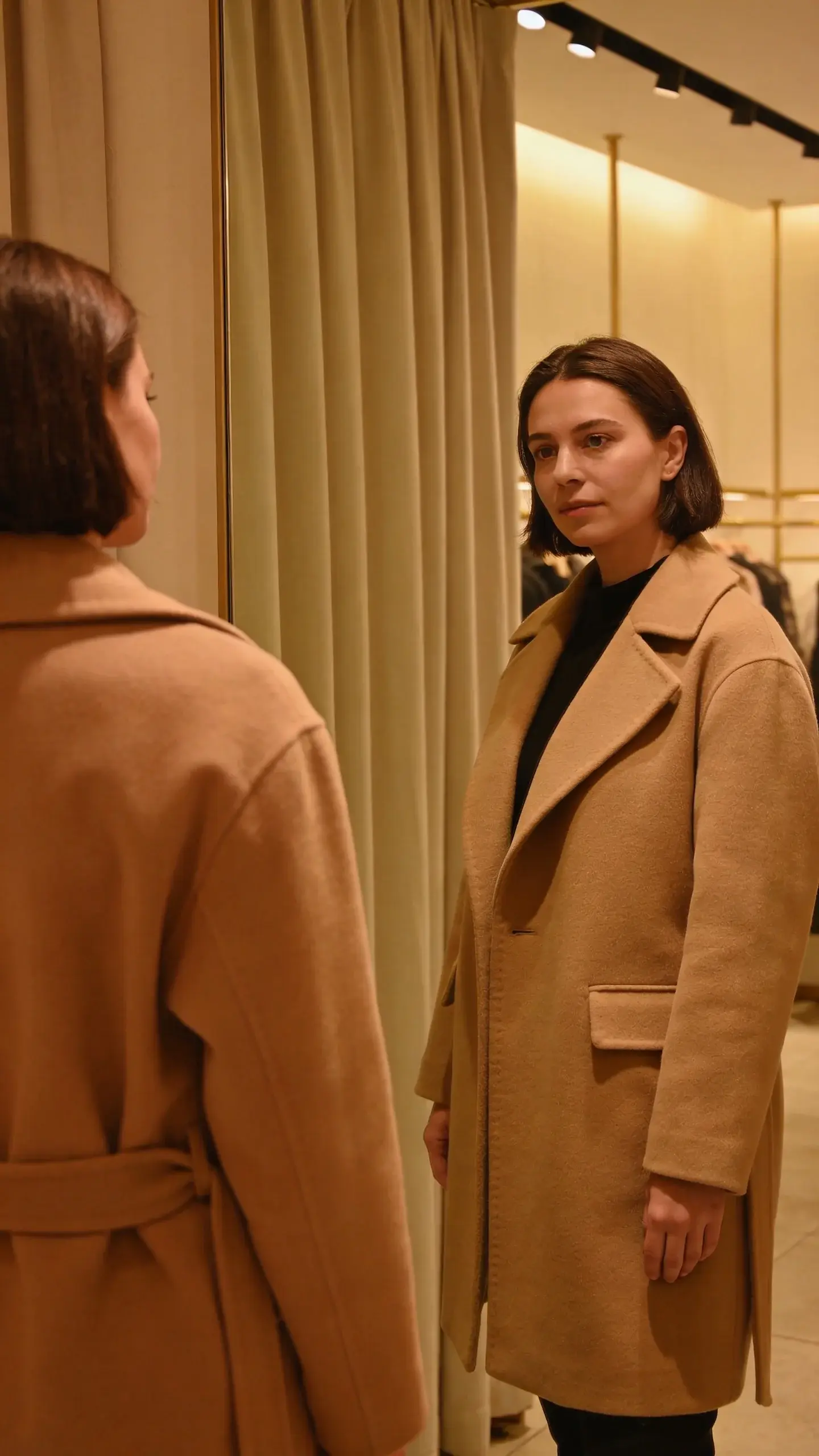 Dressing room try-on: woman comparing two sizes=
