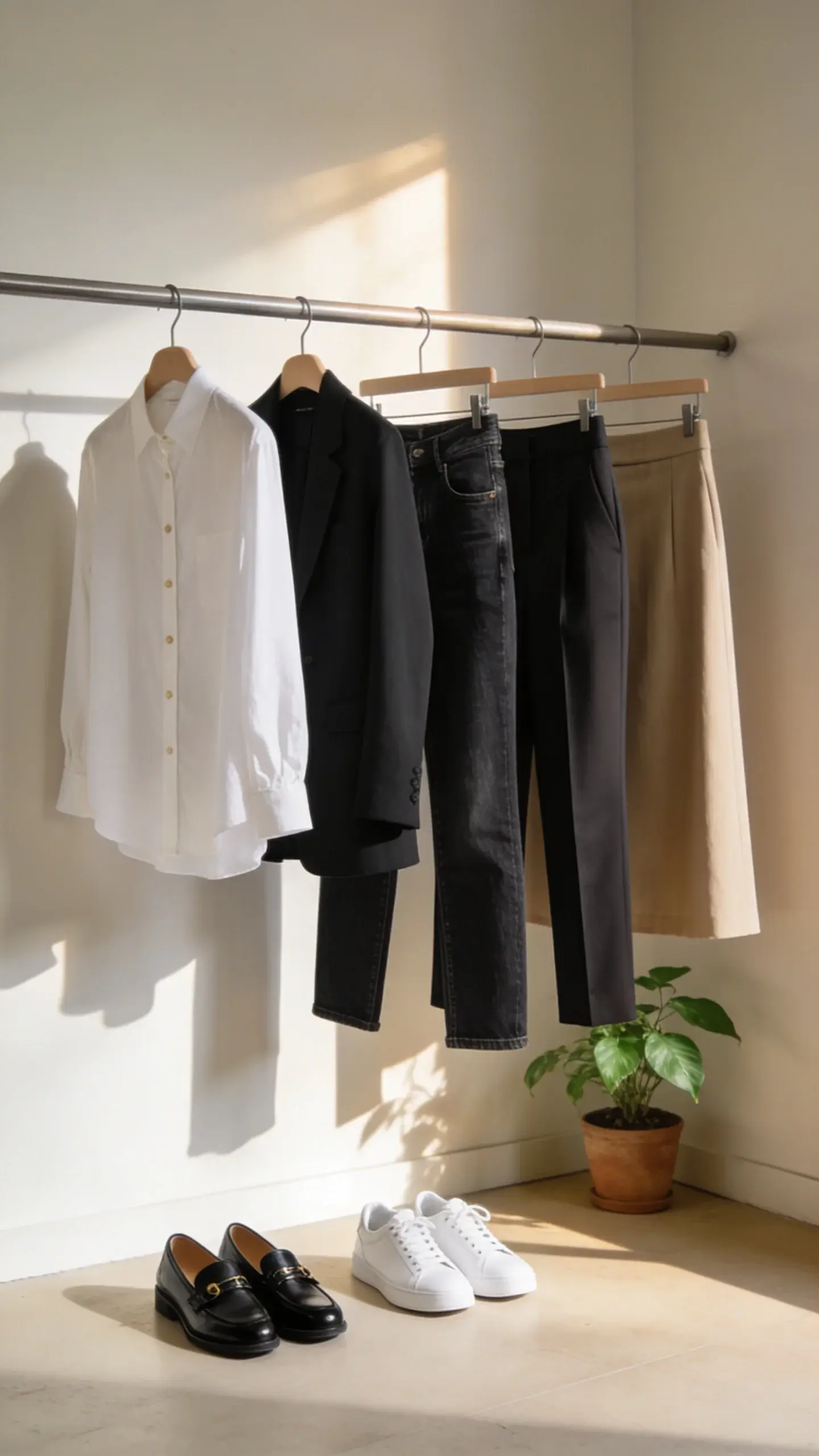 Capsule closet corner: five-piece outfit lineup on a rail—white button-down, black blazer, dark denim, tailored trousers, midi skirt—paired with two classic shoes on the floor; cohesive neutral palette, plant in background, morning sun.