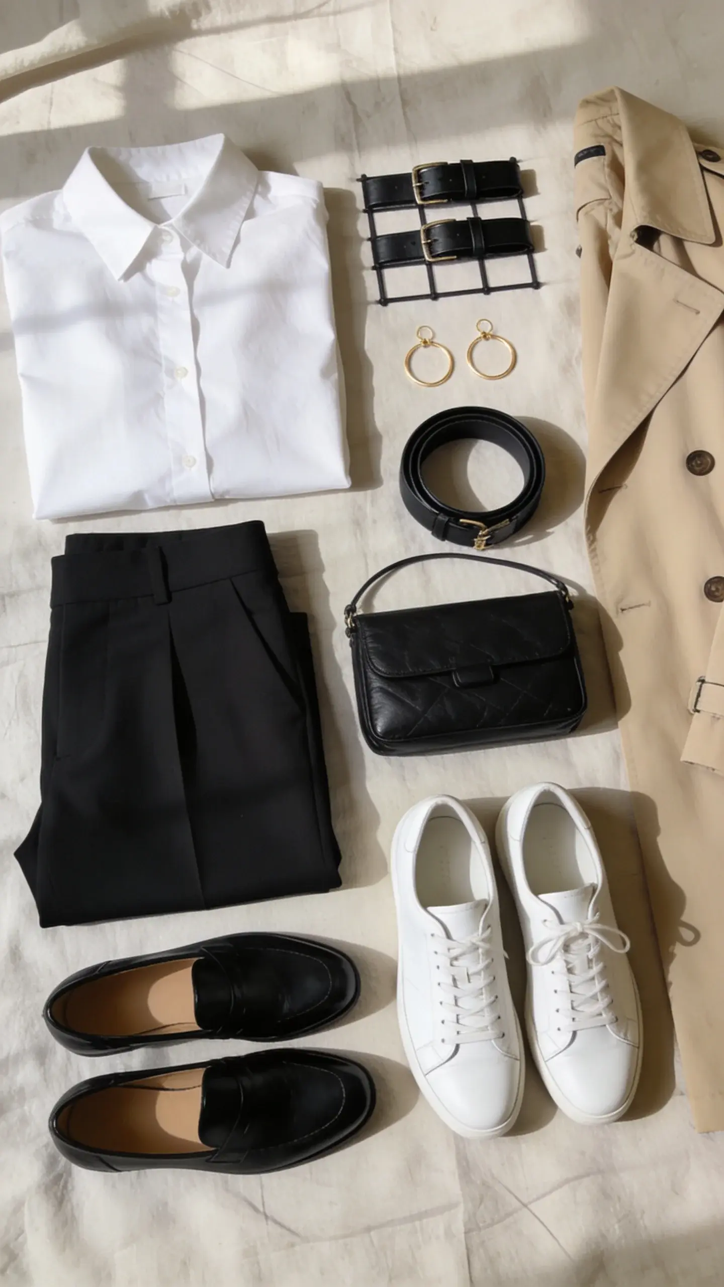 A minimalist capsule wardrobe laid flat on a neutral linen bedspread: crisp white button-down, black tailored trousers, beige trench coat, sleek white leather sneakers, black loafers, a structured black crossbody, thin gold hoop earrings, and a black leather belt; soft morning window light, clean shadows, no text.