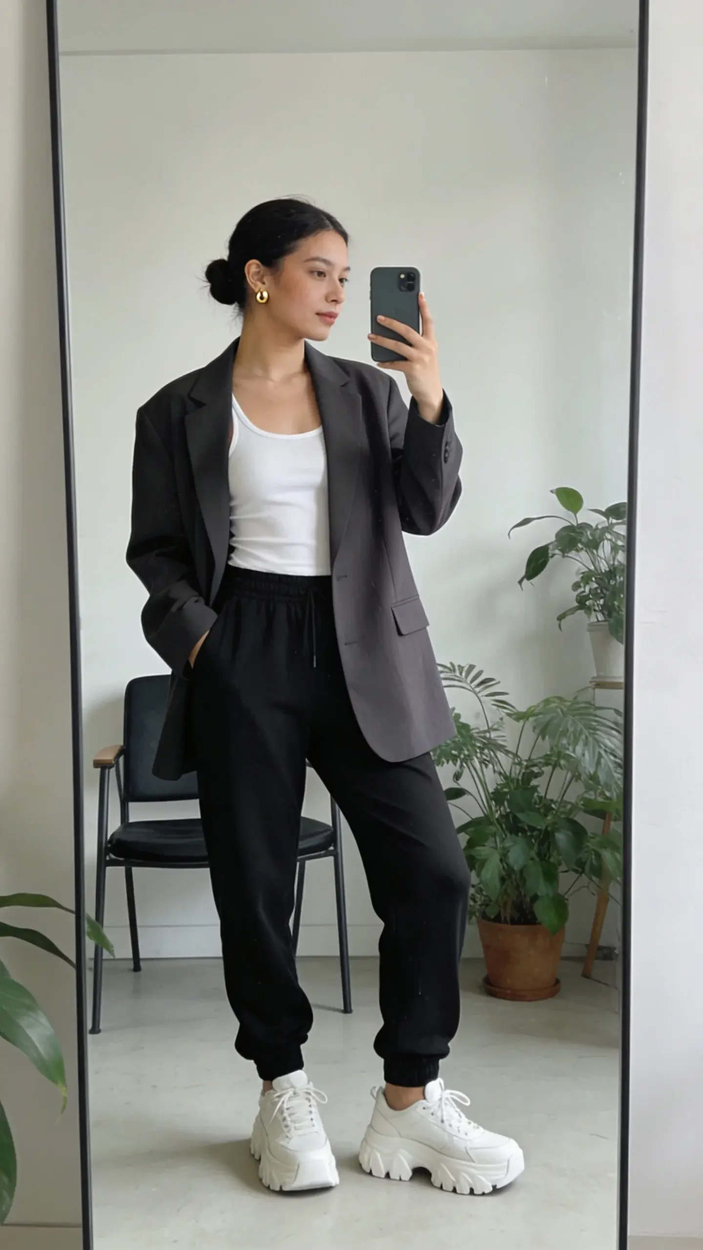 A woman standing in front of a full-length mirror in a bright apartment, wearing a sporty-luxe outfit: black tailored joggers, white fitted tank, oversized charcoal blazer, chunky white sneakers; hair in a low bun, subtle gold studs, holding a phone as if taking mirror selfies; muted palette, uncluttered background, plants and a chair visible.