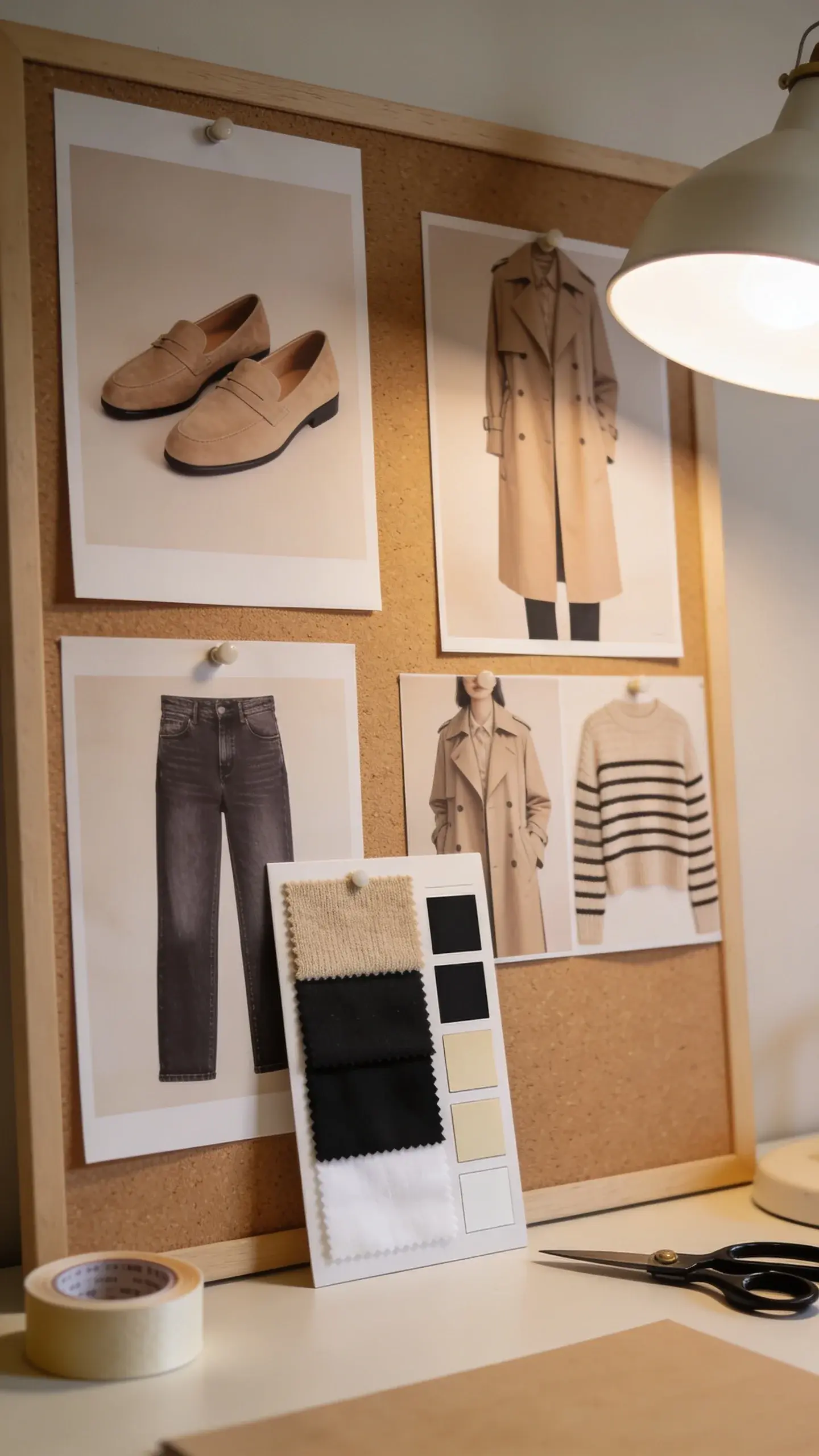 A tidy mood board pinned on a corkboard over a desk: printed photos and clippings showing repeated neutral tones, loafers, straight-leg jeans, trench coats, striped knits; small fabric swatches (beige wool, black twill, white cotton), a palette card with beige/black/ivory swatches; soft desk lamp glow, scissors and washi tape nearby.