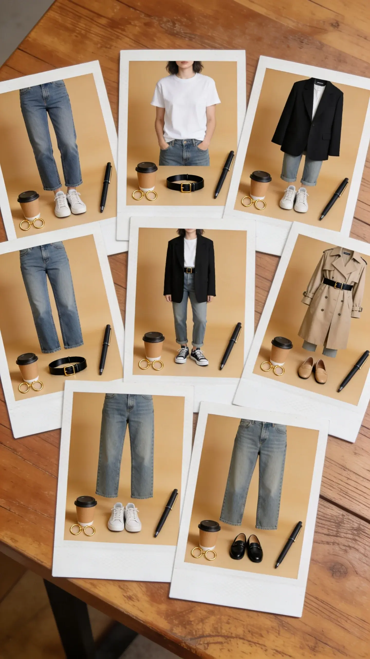 A week of outfits captured as a grid of seven Polaroid-style photos laid on a wooden table: recurring elements across days—straight-leg denim, white tees, black blazer, trench, simple sneakers and loafers; small accessories repeating (gold hoops, black belt); coffee cup and pen in frame.