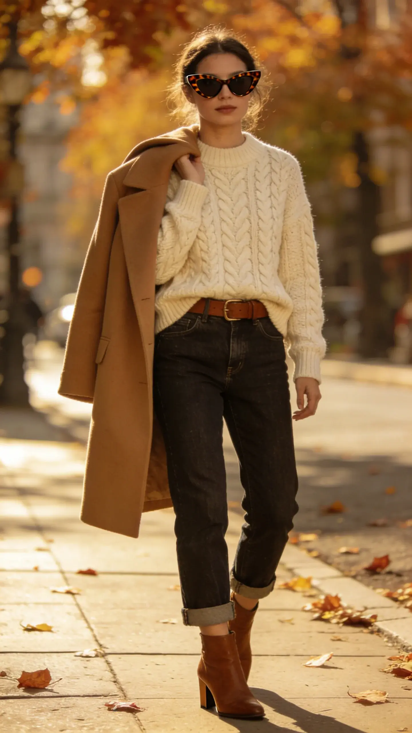 A vintage-leaning look on a city sidewalk: cropped dark-wash straight jeans, cream cable-knit sweater tucked in, brown leather belt, brown heeled ankle boots, classic camel coat over shoulders, tortoiseshell cat-eye sunglasses; autumn leaves on pavement, warm afternoon light, shallow depth of field.