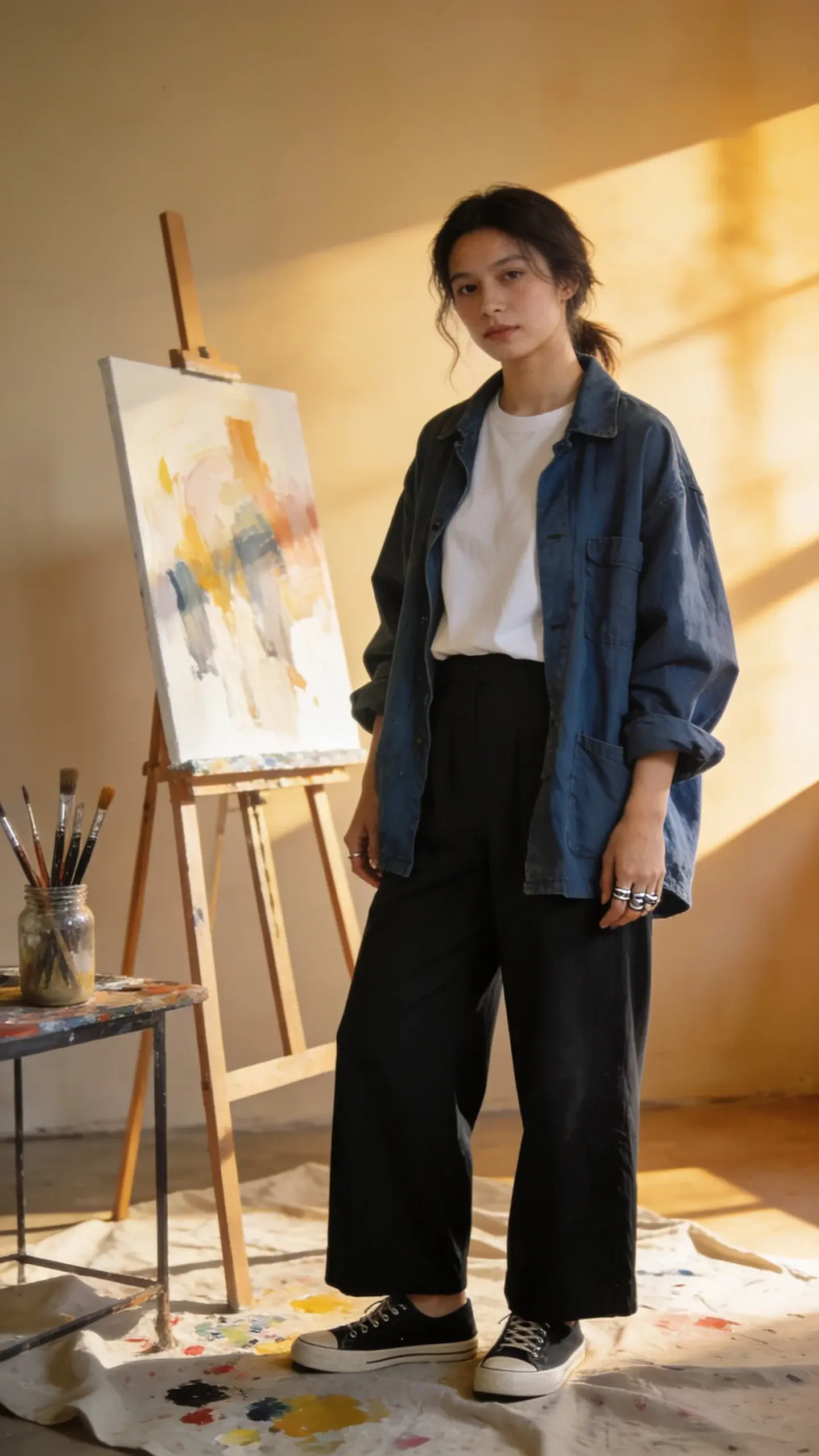 An artsy look in a sunlit studio: painter wearing wide-leg black trousers, white boxy tee, oversized indigo work jacket, black canvas slip-ons; hair loosely tied, silver rings; minimalist easel, abstract canvas, brushes in a jar; paint splatters on drop cloth, airy atmosphere.