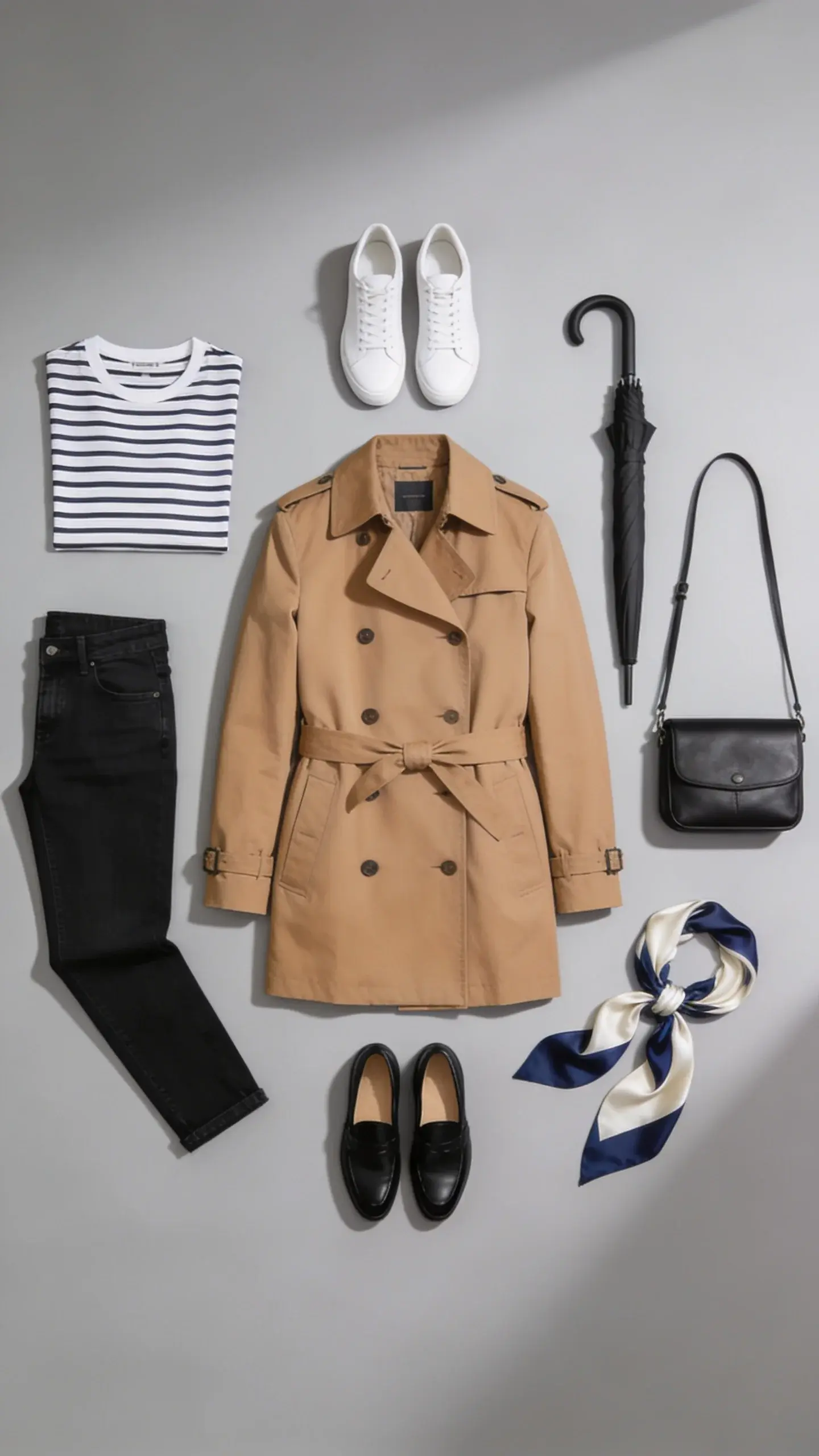 A “build from one hero piece” flat lay: a camel trench as centerpiece with supporting items radiating out—striped Breton tee, black straight jeans, white sneakers, black loafers, silk scarf in navy/cream, slim black umbrella, black leather crossbody; arranged on matte grey background, balanced composition.