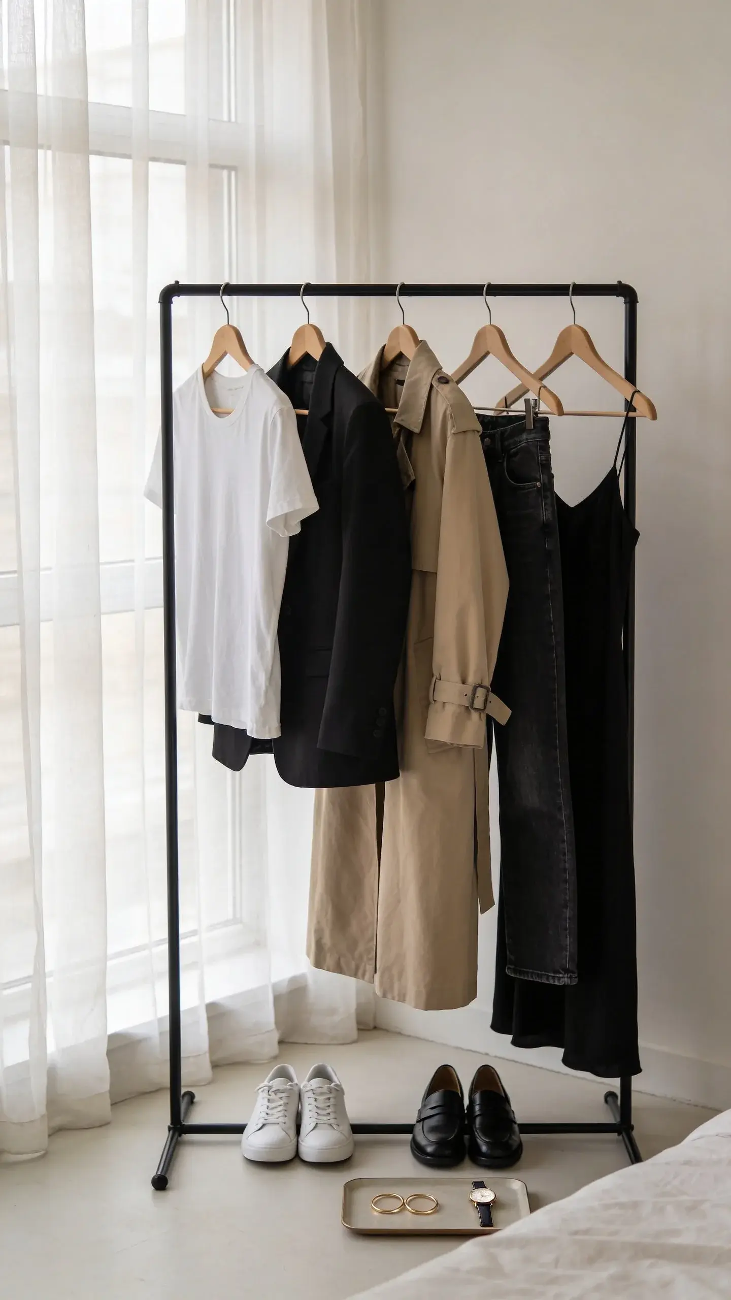 A try-on rail scene near a bedroom window: a simple black clothing rack with five curated pieces—white tee, black blazer, beige trench, dark straight jeans, black slip dress; below: two shoes (white sneakers, black loafers) and a small tray with gold hoops and a slim watch; soft daylight, sheer curtains, clean floor.