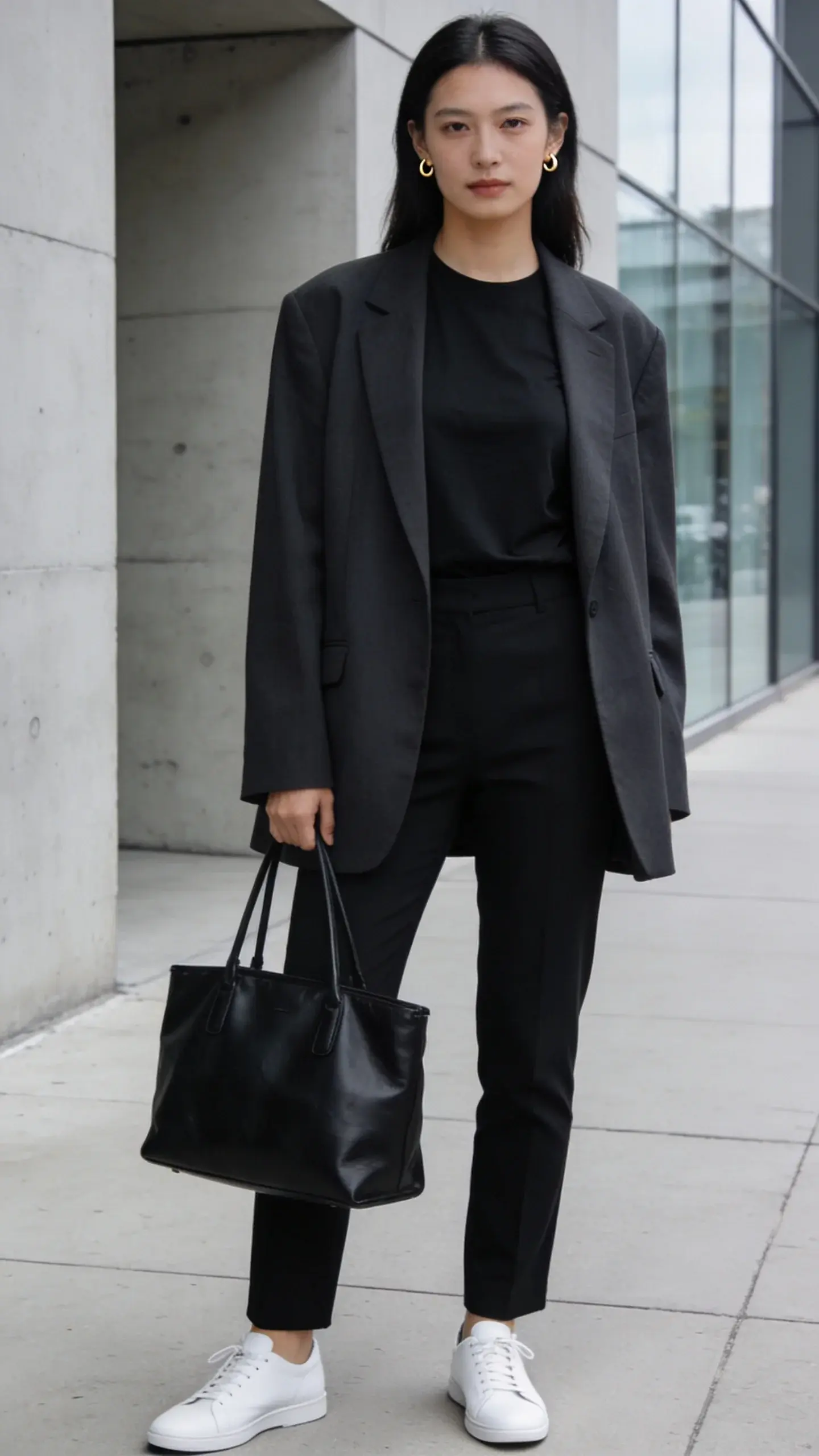 Street-style photo of a woman standing on a minimalist city sidewalk wearing black straight-leg trousers, a black fitted crewneck tee, and an oversized charcoal blazer; shoes are sleek white leather sneakers; accessories include tiny gold stud earrings and a structured black leather tote; lighting is soft overcast for clean shadows; background is modern concrete and glass with no signage; no text on image.