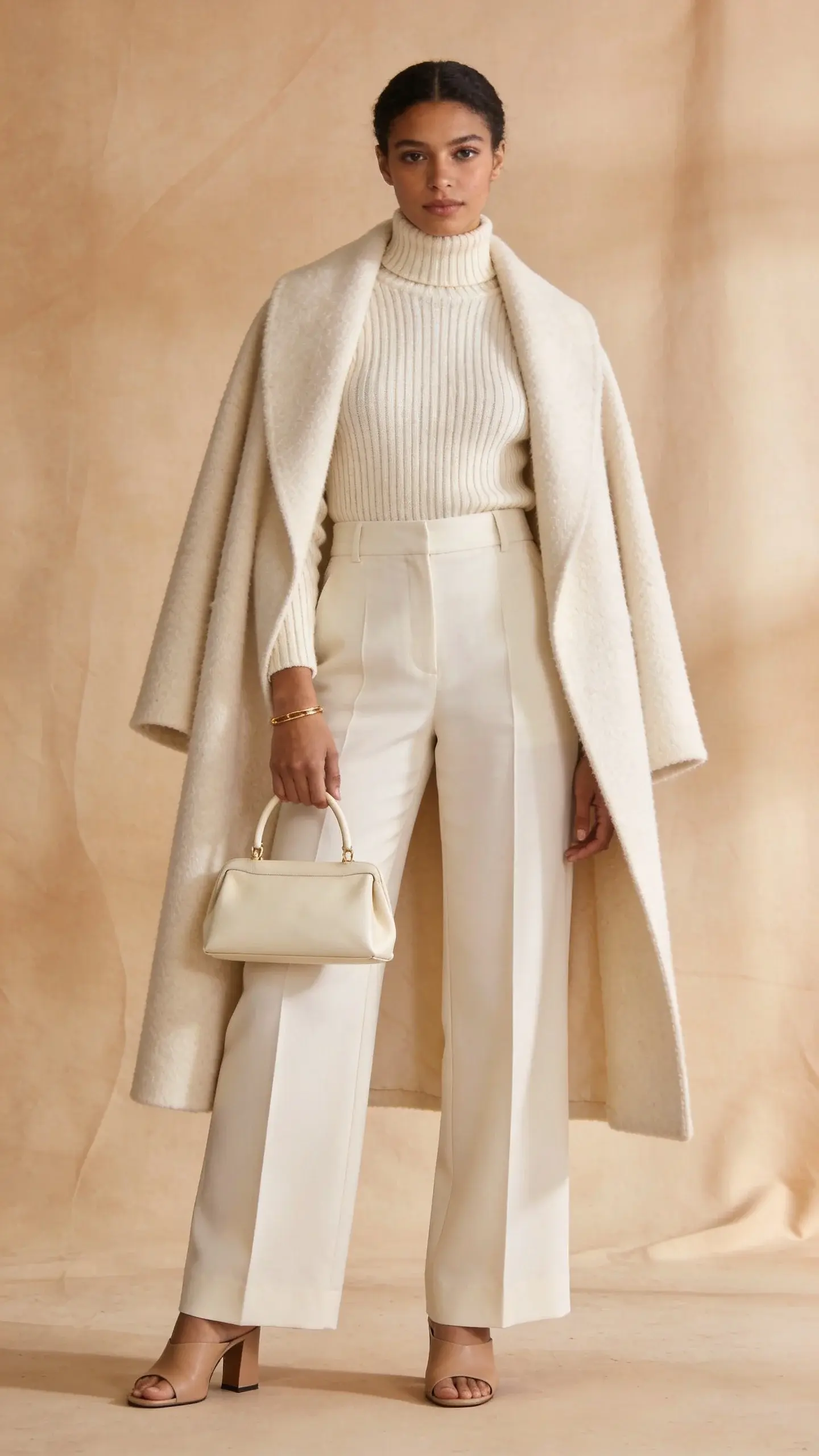 Editorial studio shot of a person in an all-cream outfit: high-waisted cream wide-leg trousers, cream ribbed knit turtleneck, and a longline cream wool coat draped over shoulders; footwear is nude minimalist heeled mules; accessories are a thin gold bracelet and a small cream top-handle bag; set against a warm beige backdrop with subtle fabric texture; no text on image.