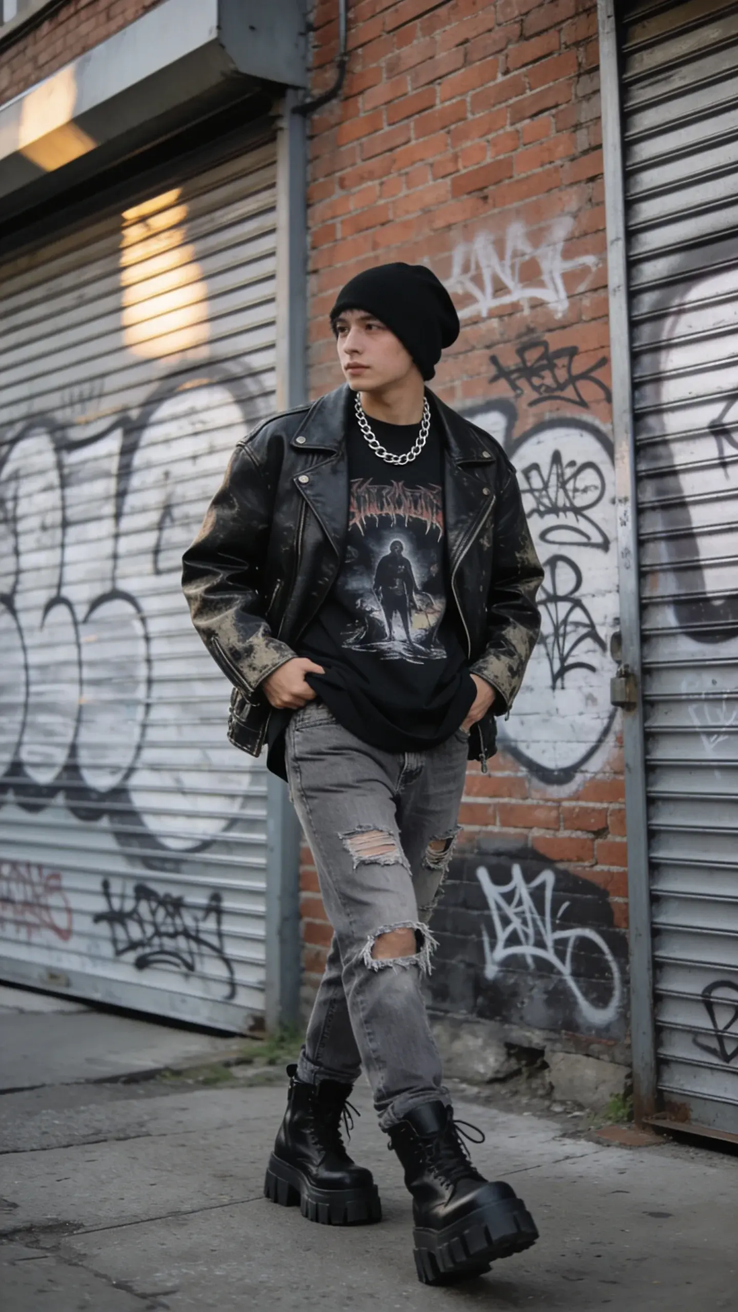 Urban candid of a grunge-inspired look: black oversized band tee half-tucked into ripped vintage gray jeans, layered with a faded black leather moto jacket; footwear is chunky black combat boots; accessories include a silver chain necklace and a slouchy black beanie; backdrop is a graffiti-covered brick wall and metal roll-up door; lighting moody late afternoon; no text on image.