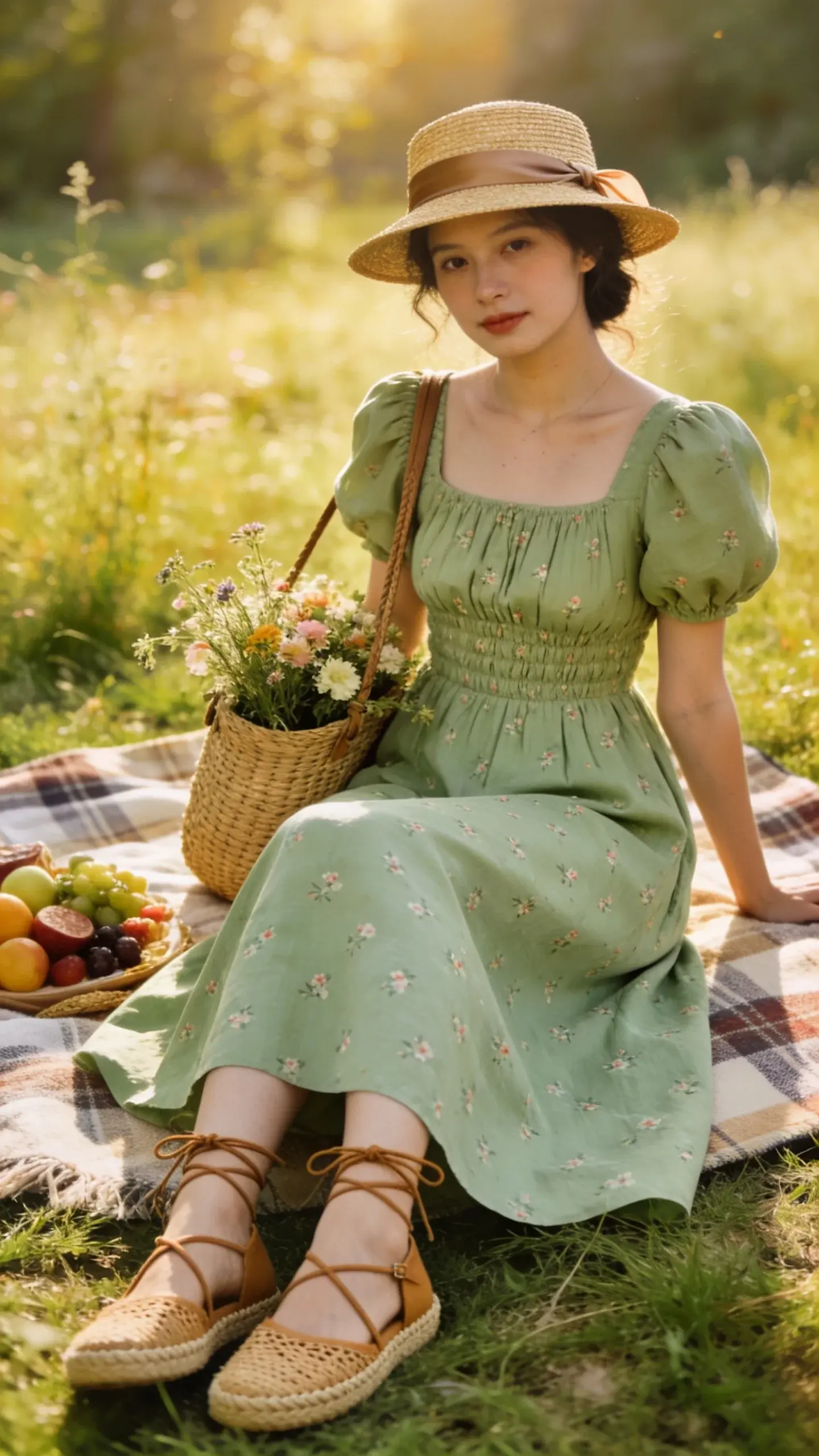 Cottagecore picnic scene in a sunlit meadow: a woman wearing a soft sage green puff-sleeve midi dress with a smocked bodice and tiny floral print; footwear is tan lace-up espadrilles; accessories include a straw boater hat with ribbon and a woven basket bag filled with wildflowers; plaid blanket and fruit spread nearby; warm golden-hour light; no text on image.