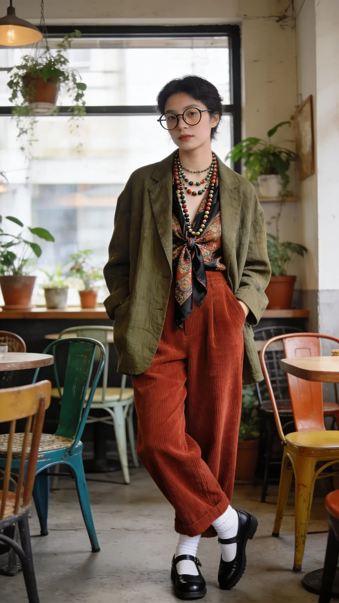 Artsy eclectic coffee shop scene: a person wearing wide-leg rust corduroy pants, a vintage patterned silk scarf tied as a top under an oversized olive linen blazer; footwear is black Mary Janes with white socks; accessories include layered beaded necklaces and round glasses; background is an indie café with plants and mismatched chairs; soft window light; no text on image.