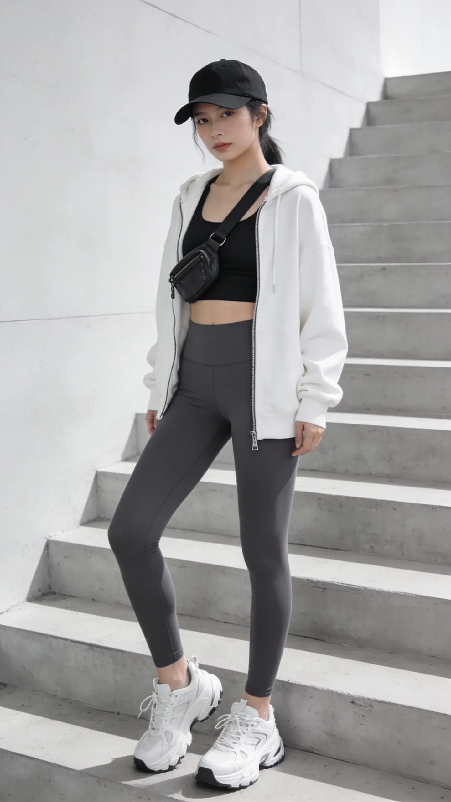 Elevated sporty look on a minimalist staircase: charcoal high-waisted leggings, a fitted black longline sports bra, and an off-white oversized zip hoodie unzipped; footwear is chunky white running sneakers; accessories include a sleek black baseball cap and a small crossbody belt bag worn high on the chest; clean architectural concrete steps; no text on image.