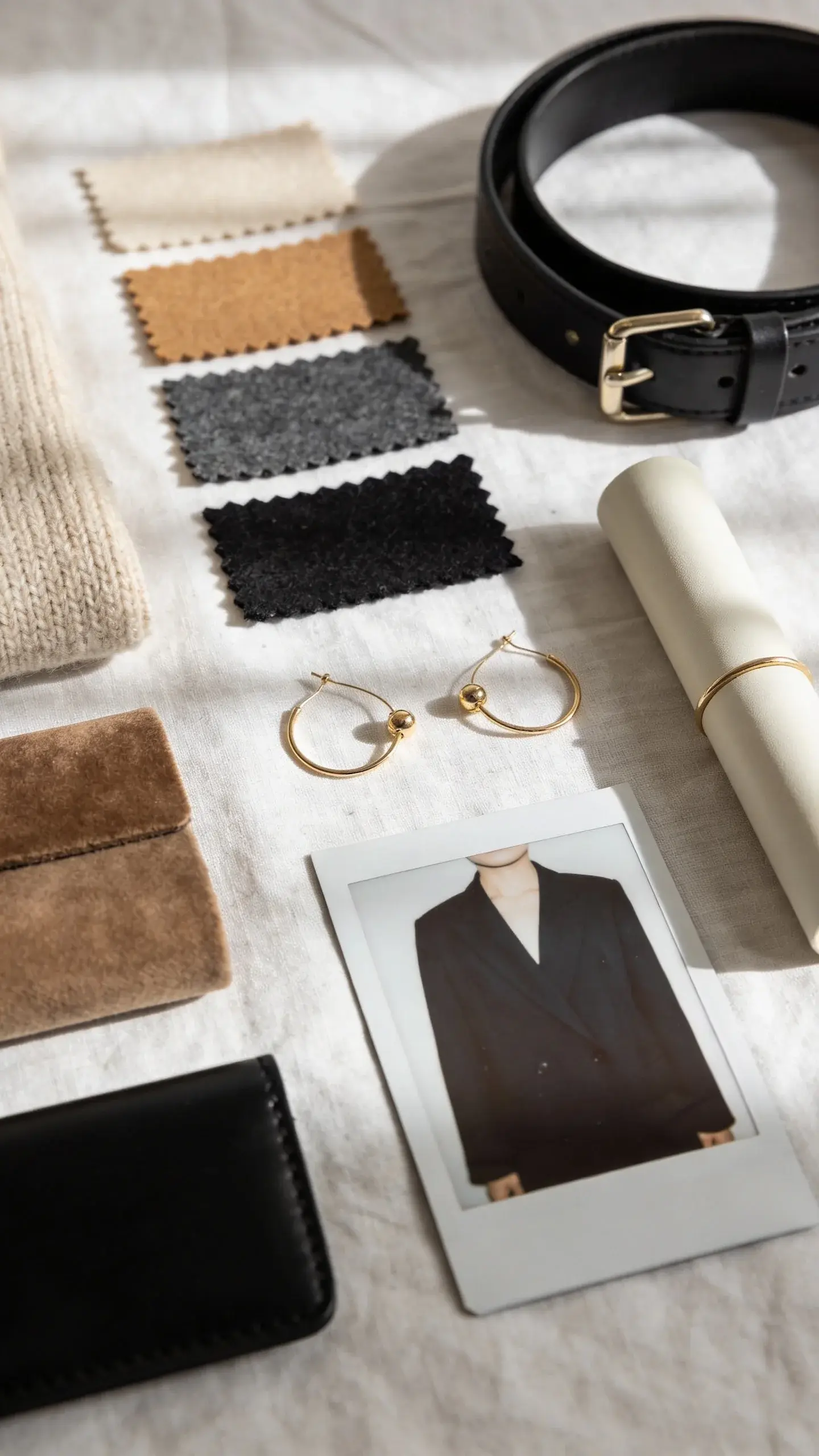 A flat-lay mood board on a linen backdrop featuring swatches of oatmeal, camel, charcoal, black, and ivory; samples of cashmere, suede, structured wool, and matte black leather; minimalist gold hardware (small hoop earrings, thin cuff), a black leather belt with a tiny buckle, and a Polaroid of a clean-lined black blazer, all arranged with soft natural window light and subtle shadows, no text.