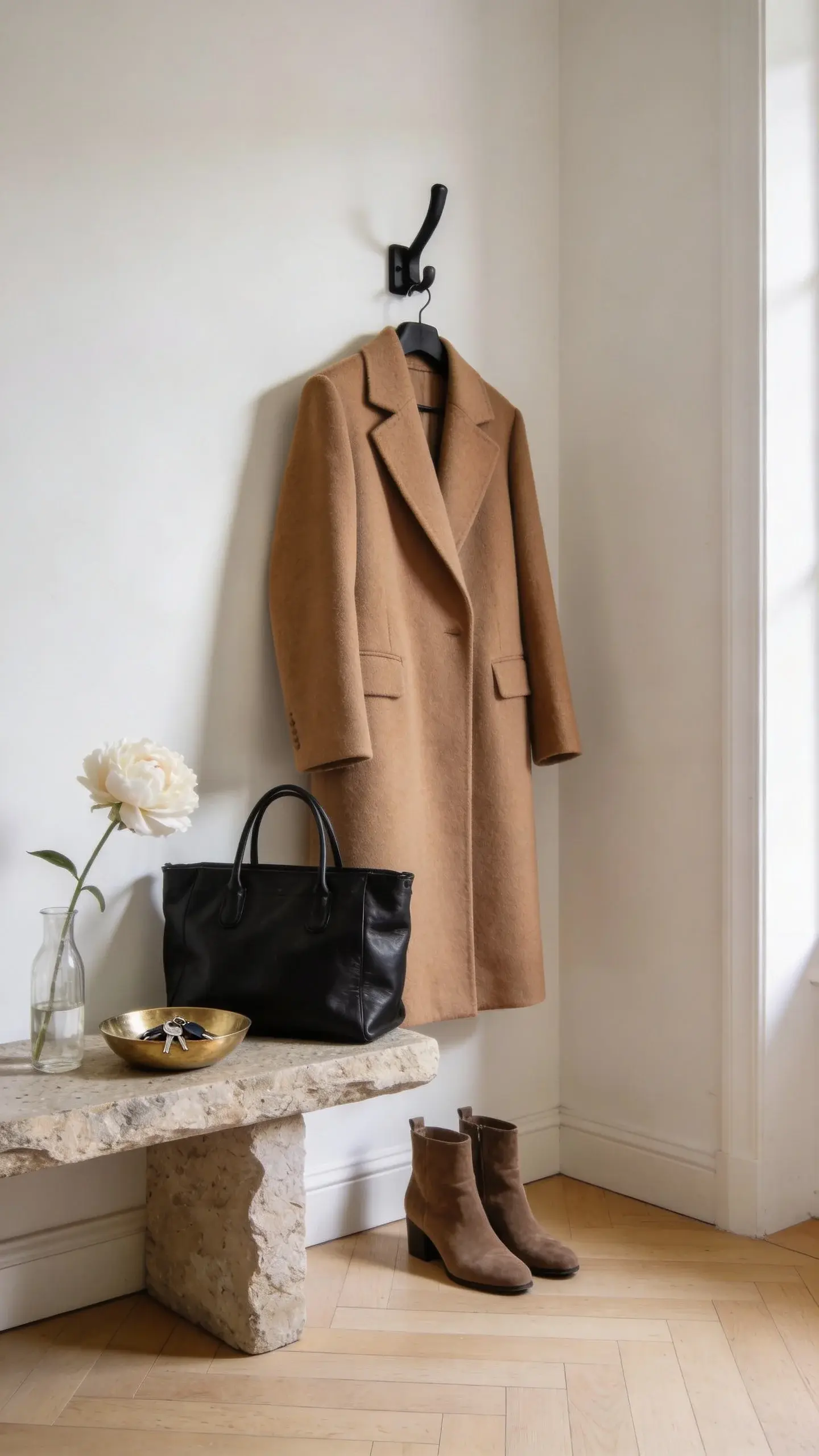 A minimalist entryway scene embodying quiet luxury: ivory walls, a camel structured wool coat on a matte black hook, a black leather tote on a stone bench, suede ankle boots on a pale oak floor, a brushed gold bowl holding keys, and a single ivory peony in a clear glass bud vase, warm afternoon light, no text.