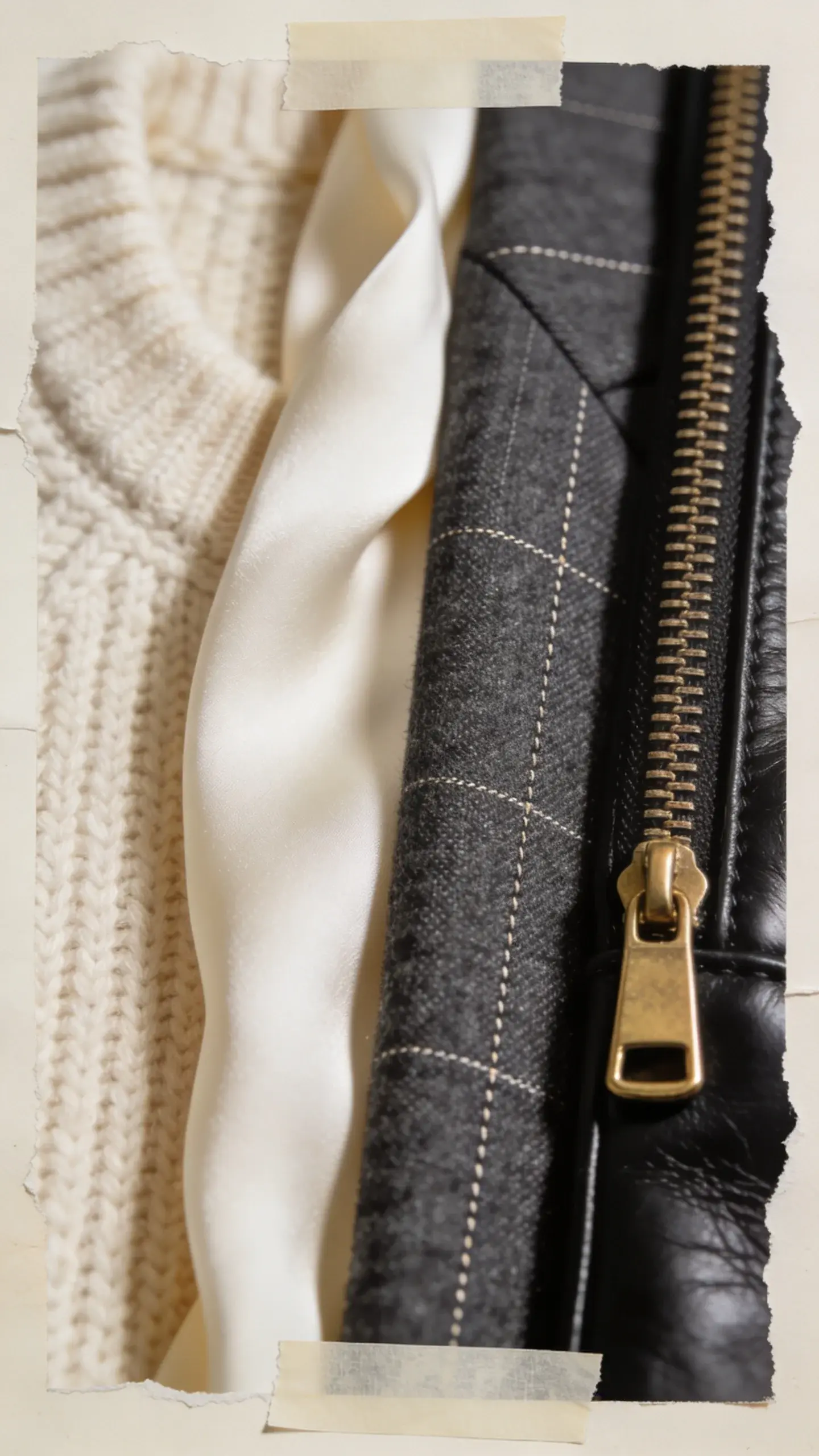 Close-up collage-style composition: macro shots of creamy cashmere knit, smooth ivory silk, charcoal wool suiting with fine stitching, matte black leather grain, and a brushed gold zipper pull, arranged edge-to-edge like a mood board with torn-paper edges and washi tape pieces, soft neutral background, no text.