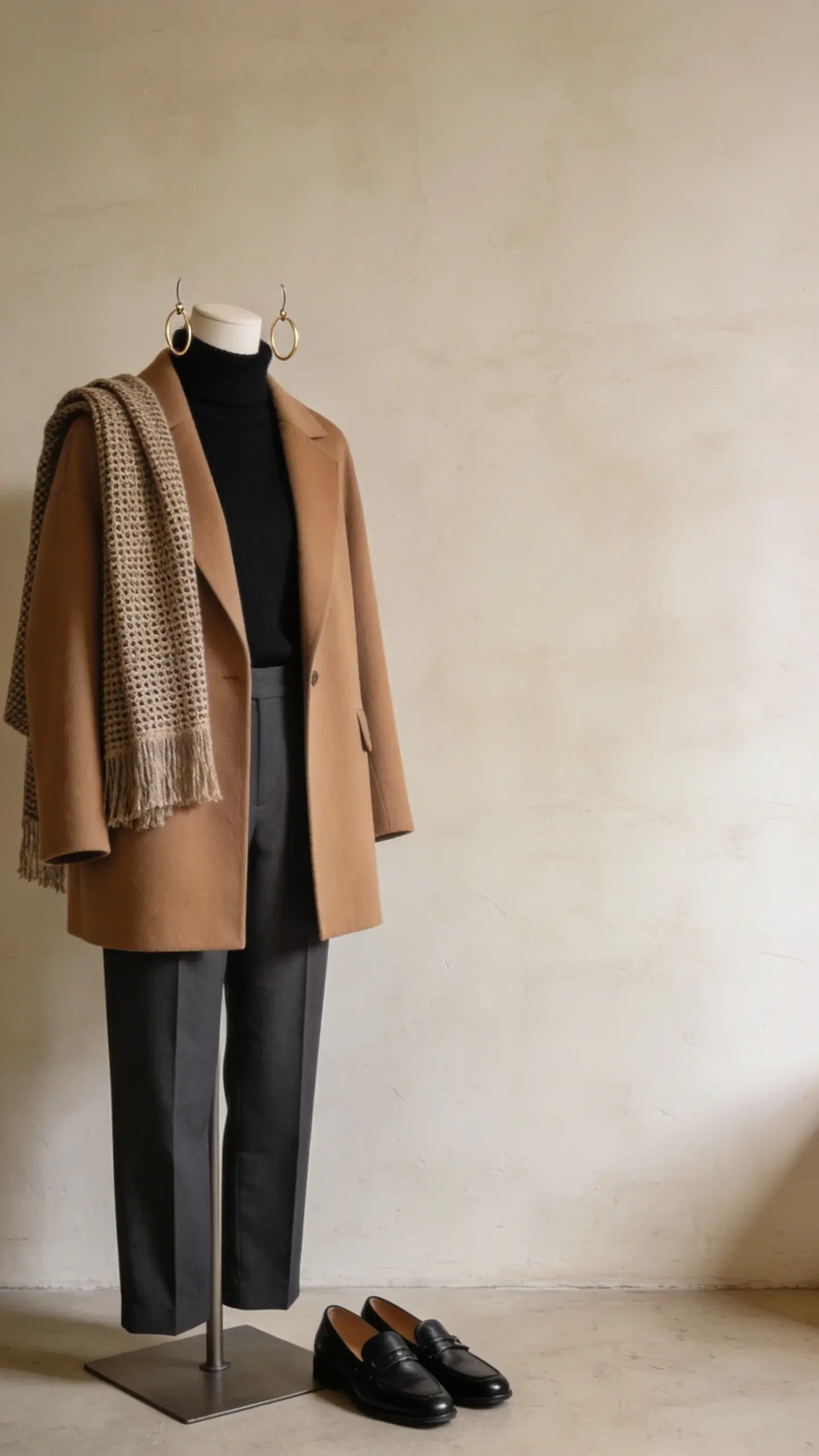 A chic capsule outfit on a dress form against a neutral plaster wall: camel coat with clean lines over a black cashmere turtleneck, charcoal tailored trousers, black leather loafers on the floor, subtle gold hoop earrings hanging from the form, an open-weave cashmere scarf draped over the shoulder, soft side lighting, no text.