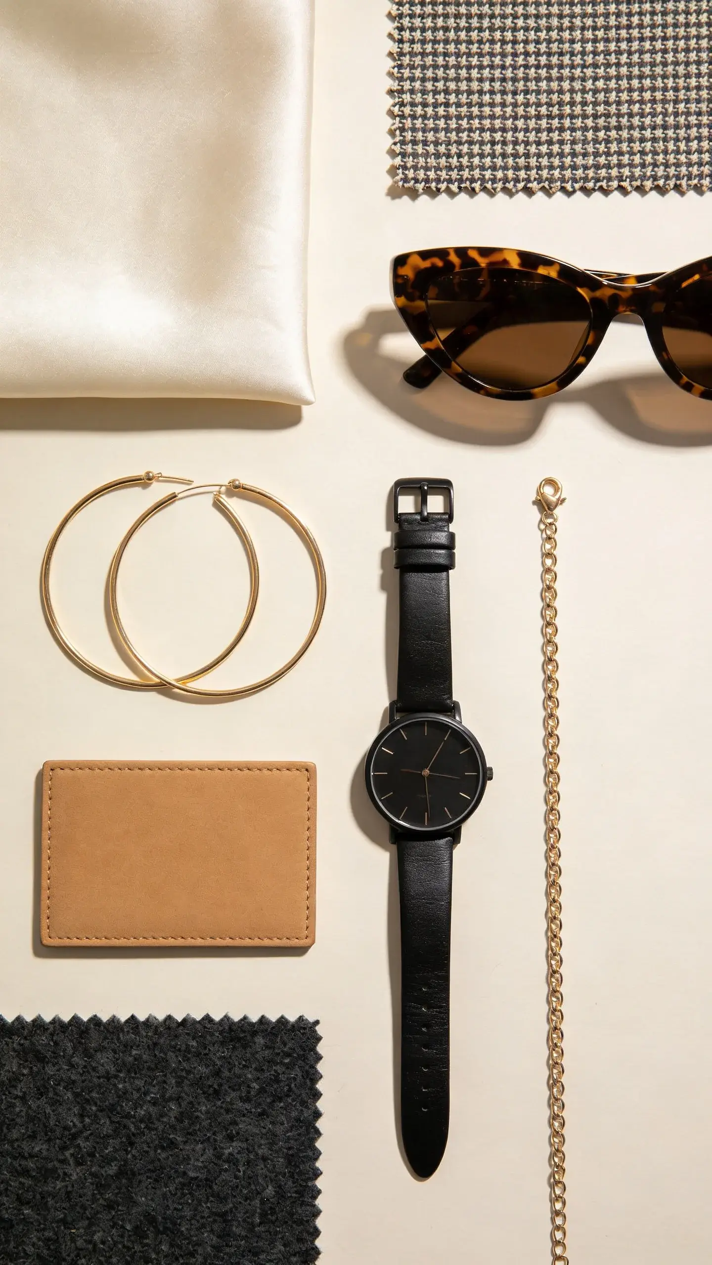 Jewelry and accessory flat-lay: brushed gold thin hoops, a delicate gold chain, a minimalist black leather watch, tortoiseshell sunglasses, a camel cardholder, and fabric swatches of ivory silk and charcoal wool, arranged in a grid on an ivory paper background with crisp shadows, no text.