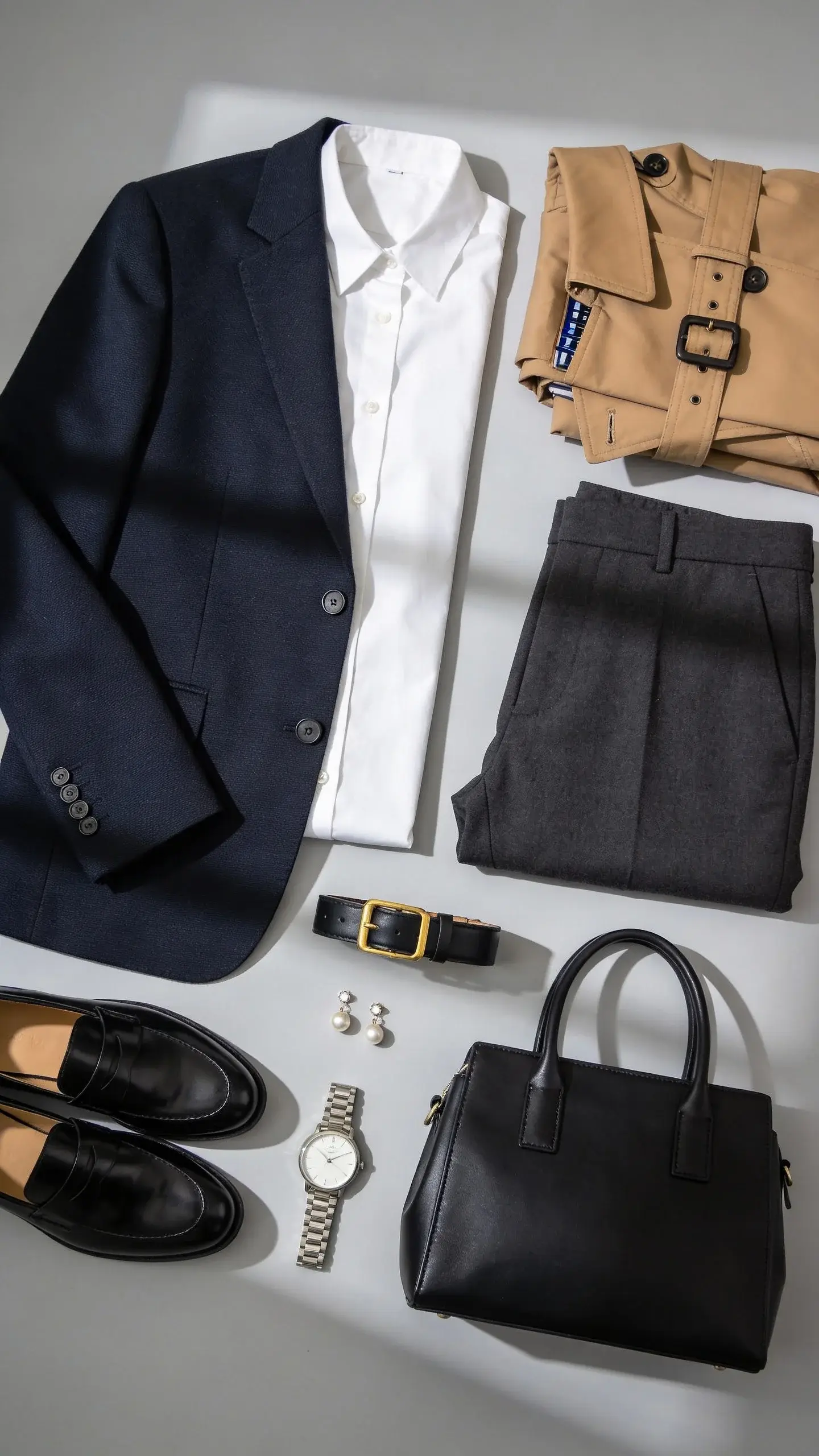 Classic style personality: A neatly arranged flat lay on a light gray background featuring a navy single-breasted blazer with subtle structure, a crisp white button-down shirt, tailored charcoal trousers, a camel trench coat folded with belt visible, polished black loafers, a slim black leather belt with gold buckle, a delicate pearl stud earring set, a silver watch with a clean white face, and a structured black top-handle bag; soft natural window light, minimal shadows, no text.