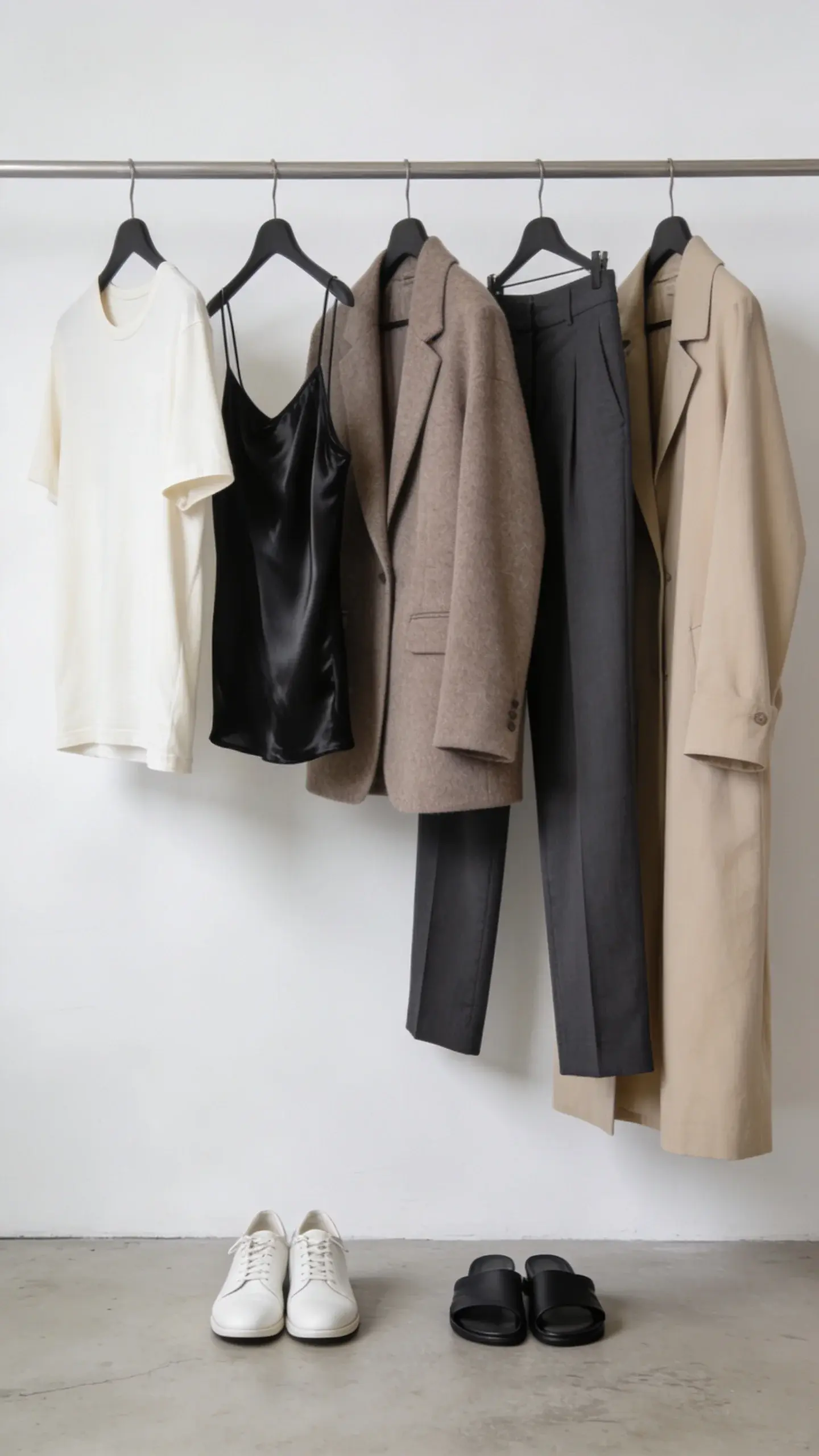 Minimalist style personality: A serene wardrobe rail scene with five perfectly spaced garments in neutral tones—ivory crewneck tee, black silk tank, taupe oversized wool blazer, charcoal straight-leg trousers, and a beige ankle-length coat—paired below with white leather sneakers and black minimalist slides; matte white wall, concrete floor, soft diffused light, high negative space.