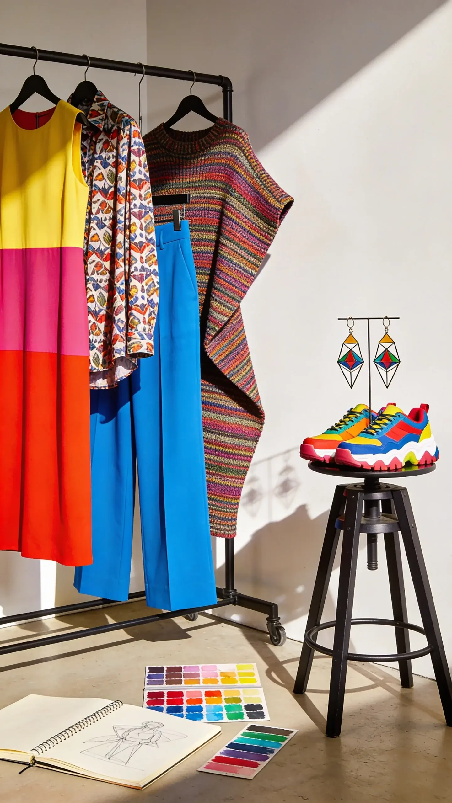 Creative style personality: A vibrant studio corner with a clothing rack showcasing a bold color-blocked midi dress, a patterned oversized shirt, wide-leg high-waist trousers in electric blue, and a sculptural asymmetric knit; on a nearby stool, chunky color-pop sneakers and artistic earrings in geometric shapes; paint swatches and sketchbook on the floor; bright daylight, saturated colors.