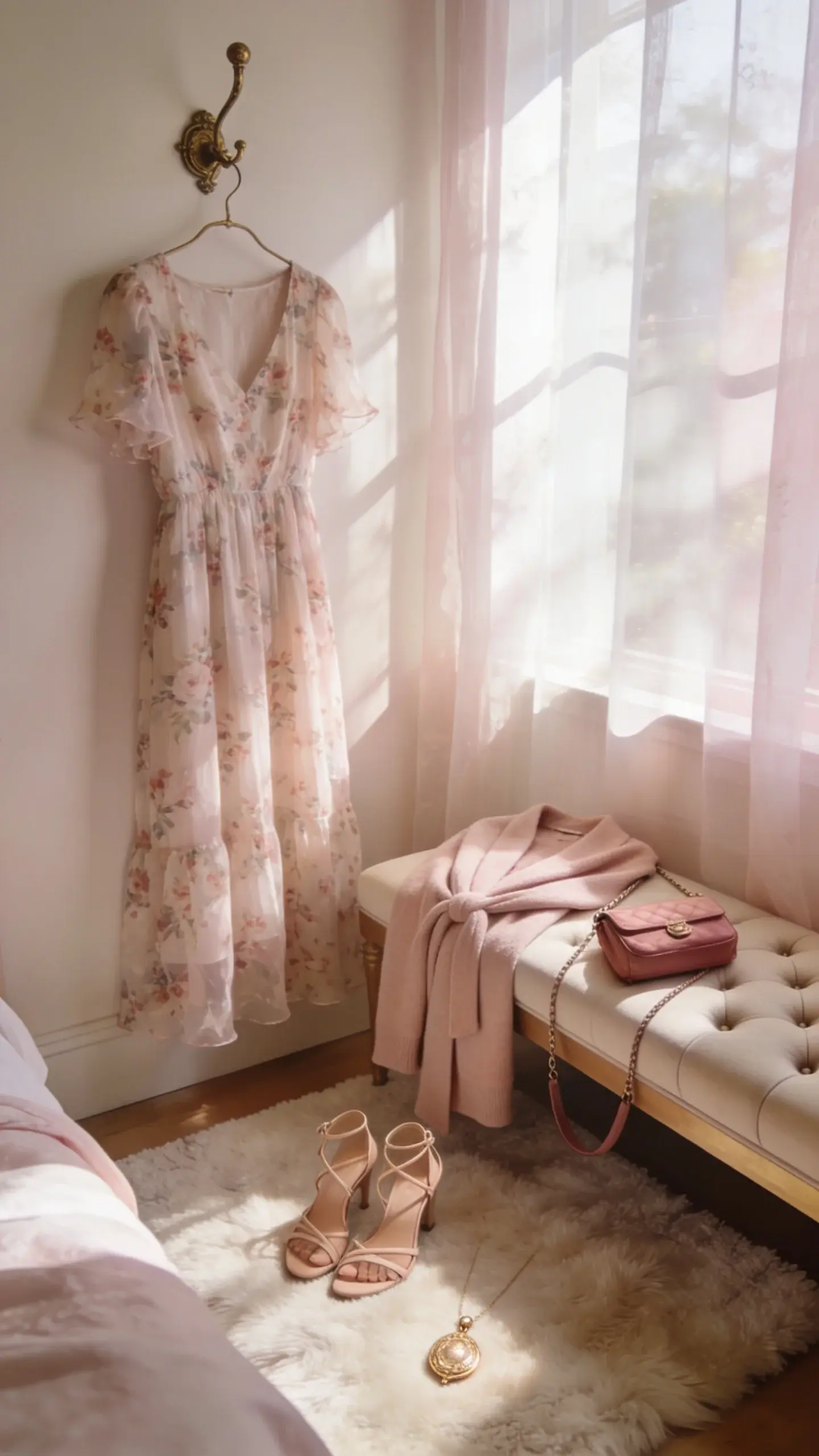 Romantic style personality: A soft, airy bedroom scene with a floral chiffon midi dress hanging from a vintage brass hook, a blush wrap cardigan on a tufted bench, nude strappy heels on a plush rug, delicate gold locket necklace, and a small rose-colored crossbody bag; soft pastel palette, sheer curtains diffusing sunlight.