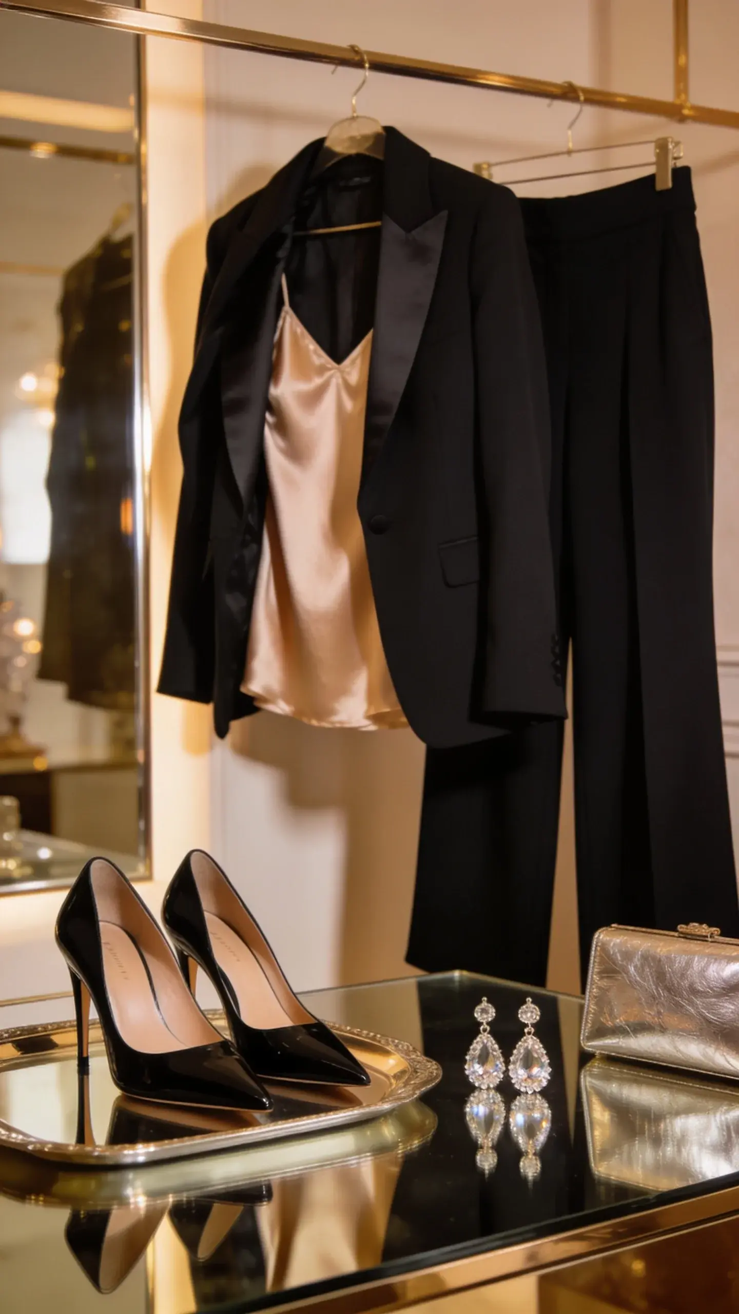 Sophisticated Glam style personality: A sleek dressing area with a black tailored tuxedo blazer over a silky champagne camisole, high-waisted black wide-leg trousers on a hanger, pointed-toe black stiletto pumps on a mirrored tray, a crystal drop earring set, and a metallic clutch; glossy surfaces, evening lighting with soft reflections.