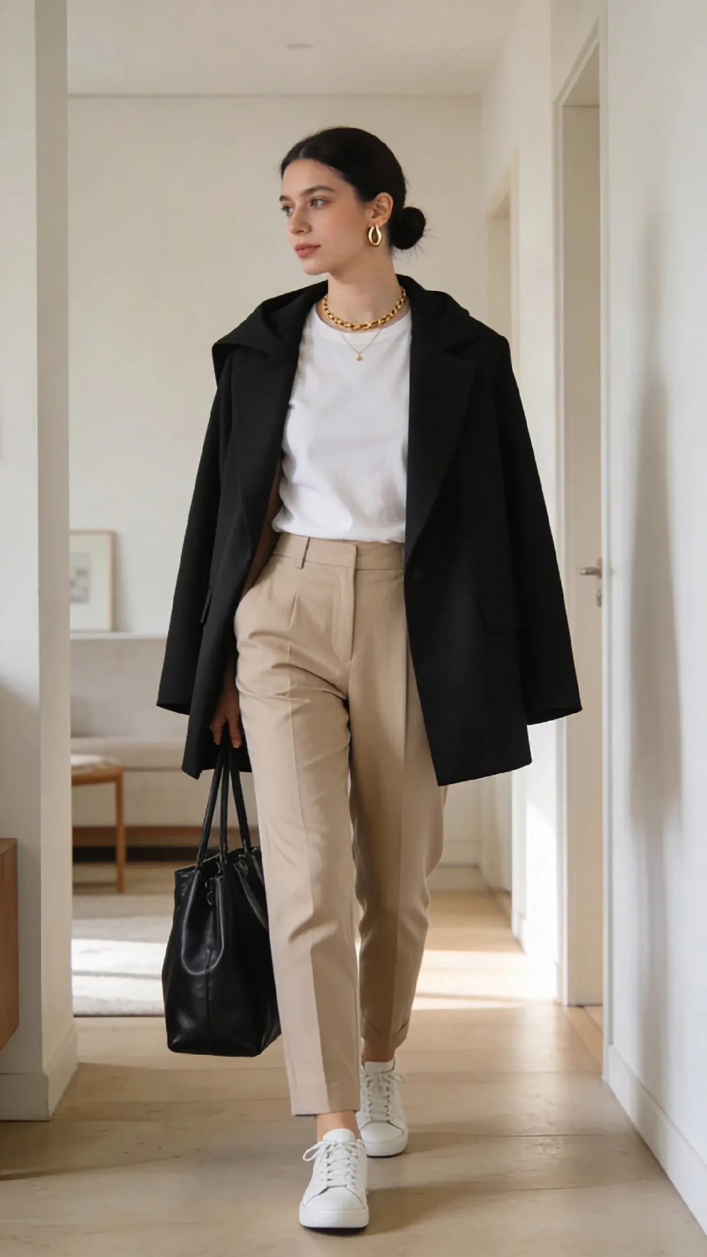 A young woman in a bright, minimalist apartment hallway wearing tailored beige trousers, a crisp white fitted tee, an oversized black structured blazer draped over her shoulders, small gold hoop earrings, a thin gold chain necklace, hair in a sleek low bun, white leather sneakers, carrying a black leather tote; soft morning light, neutral palette, clean lines, no text.