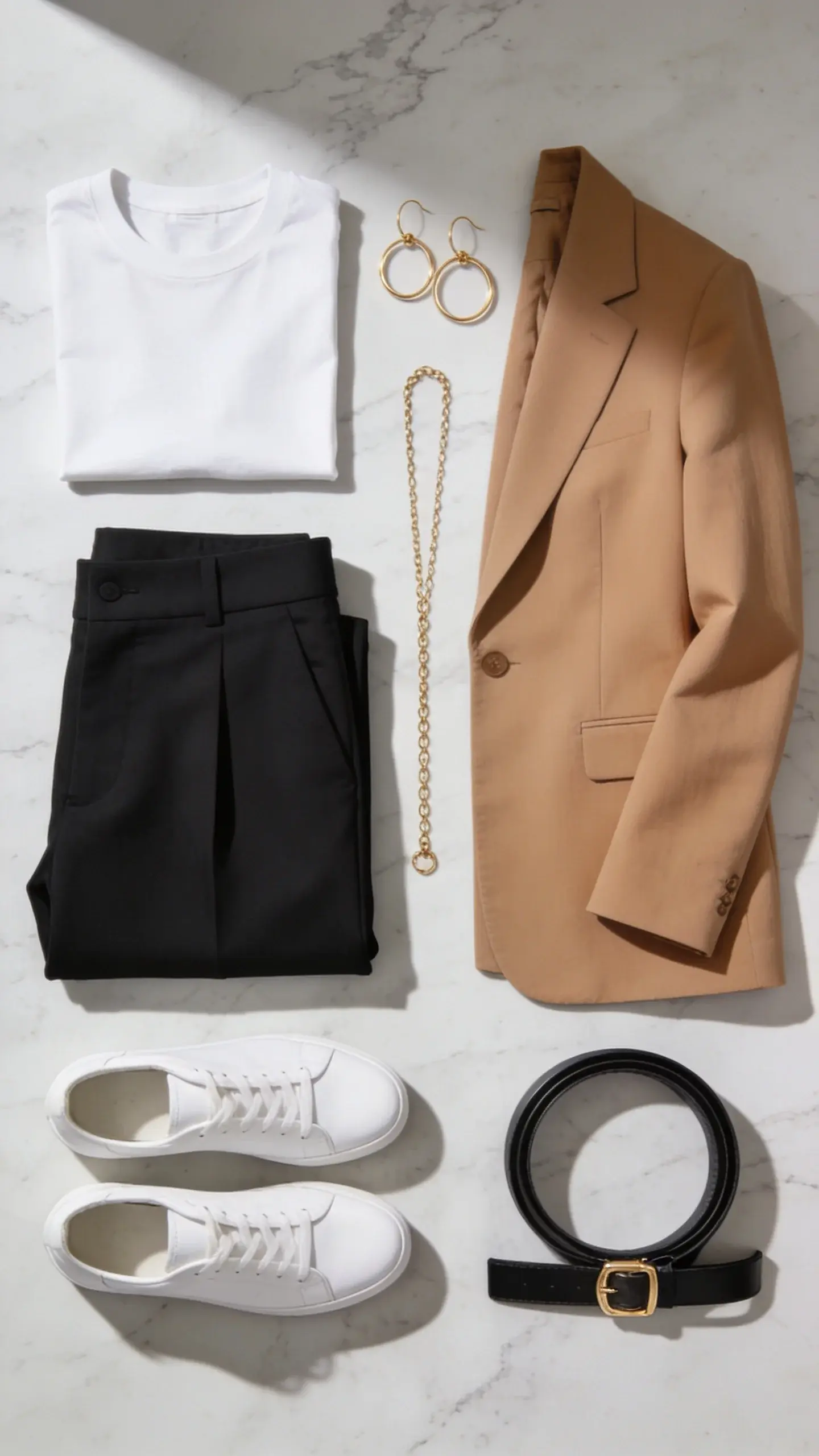 Flat lay on a marble surface: neatly folded black tailored trousers, a perfectly pressed white crewneck tee, a lightweight camel blazer, gold hoop earrings, a delicate gold chain, a slim black leather belt with a small gold buckle, white minimalist sneakers; soft natural light, shadow edges crisp, no text.