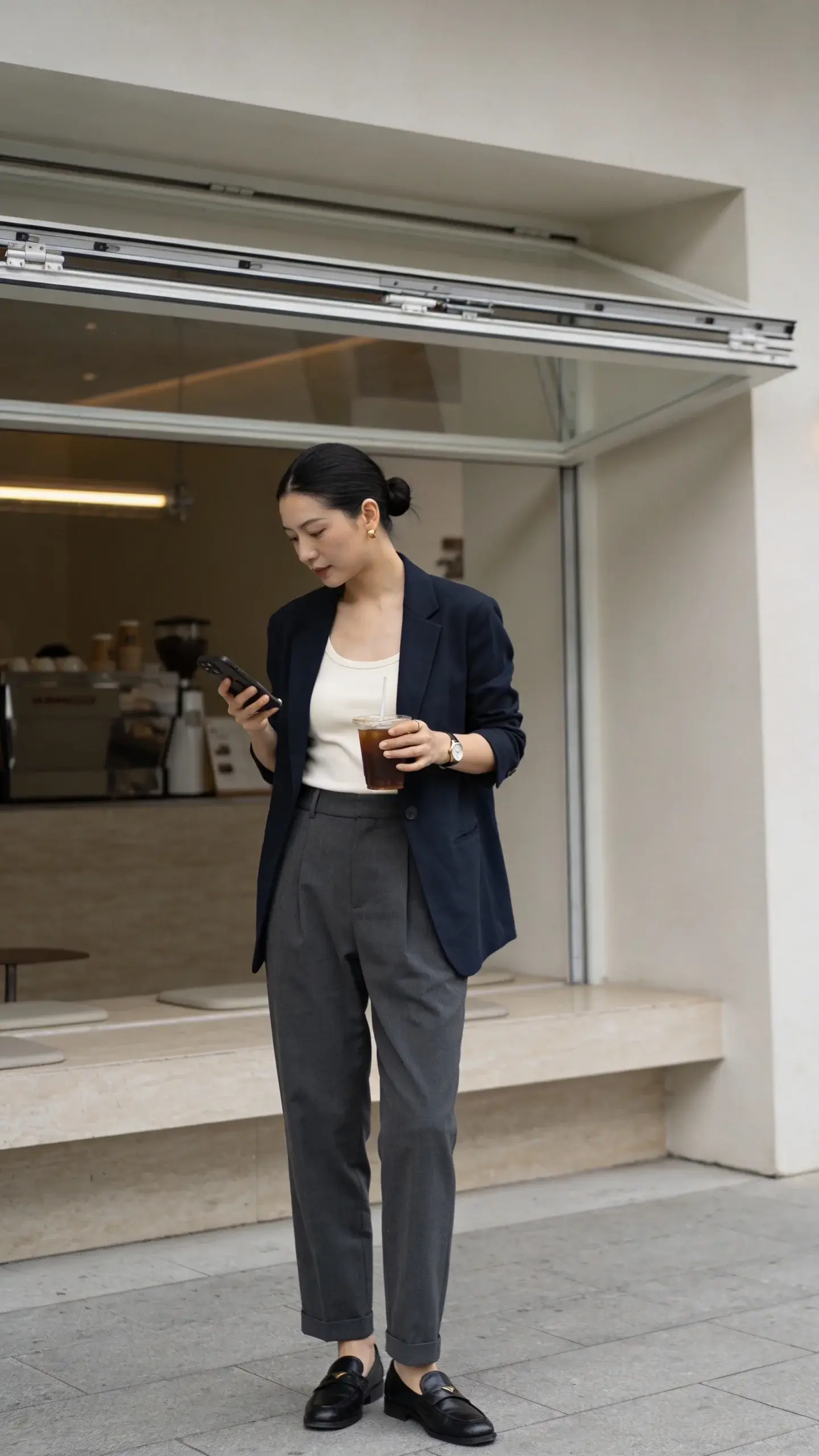 Street-style scene outside a modern coffee shop: woman in charcoal gray high-waisted trousers, cream tank bodysuit, navy blazer, slick low bun, minimal gold studs, thin watch, black leather loafers; holding an iced coffee and phone, neutral storefront, muted tones, no signage or text.