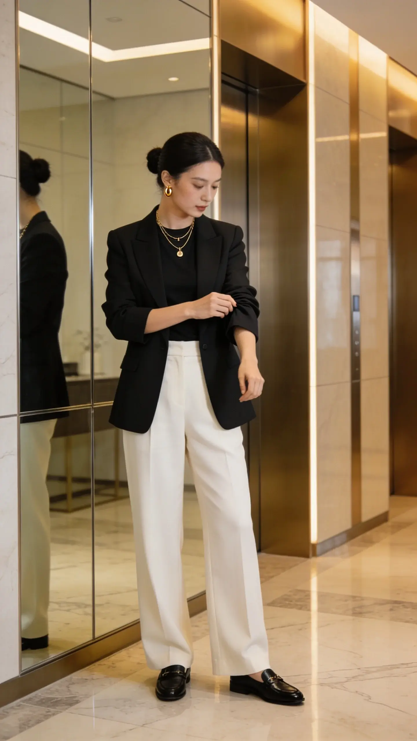 Office elevator lobby with warm lighting: woman adjusting her blazer sleeve, wearing ivory wide-leg trousers, black fitted tee tucked in, black structured blazer, dainty layered gold chains, small gold hoops, sleek bun, polished black loafers; mirrored wall reflecting clean lines, no text.