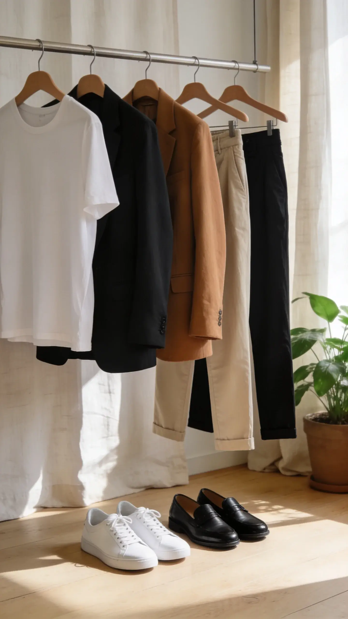 Minimal bedroom dressing scene: clothing rack with a capsule selection—white tee, black blazer, camel blazer, beige trousers, black trousers; below, white sneakers and black loafers aligned on a light wood floor; linen curtains, potted green plant, sunlit, no text.