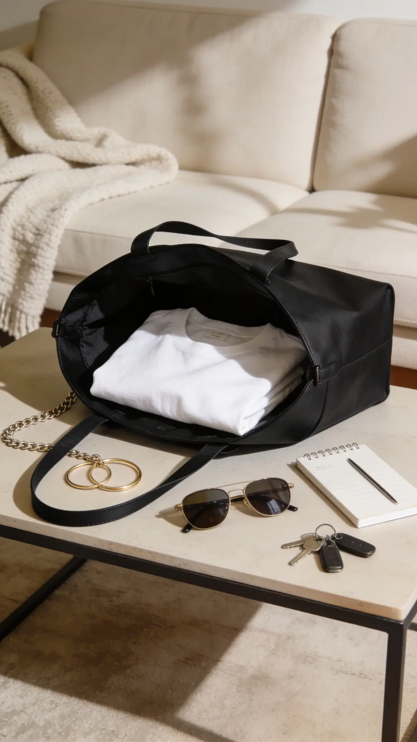 Coffee table vignette: structured black tote open with a neatly folded white tee inside, gold hoops and chain placed beside, slim sunglasses, a minimalist planner, and keys; soft beige sofa and wool throw in background, clean composition, no text.