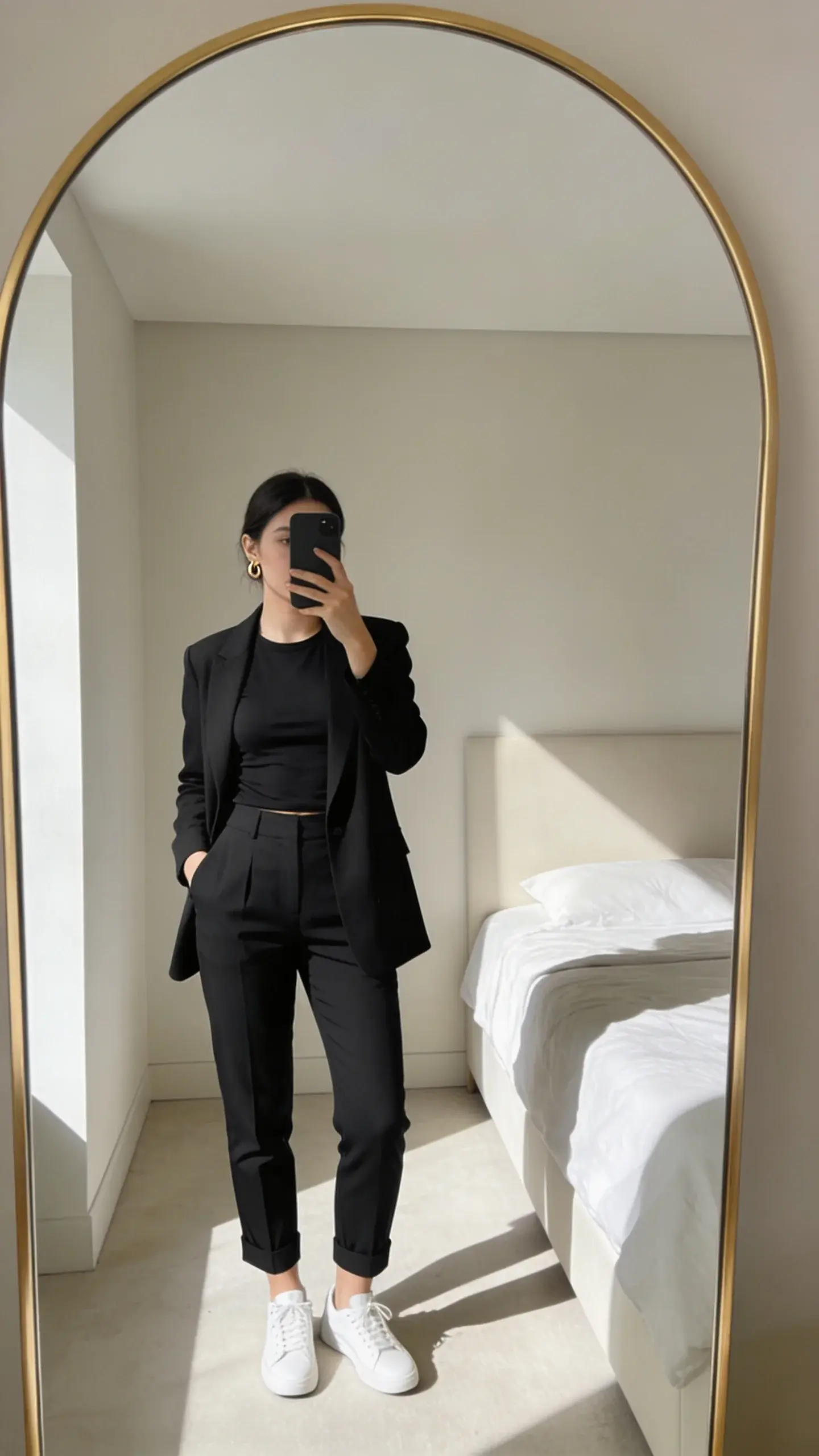 Dressing mirror selfie angle (without phone visible): woman in monochrome black—black tapered trousers, black fitted tee, black blazer—contrasted by white sneakers and tiny gold hoops; airy neutral bedroom with a full-length mirror, bright indirect light, no text.