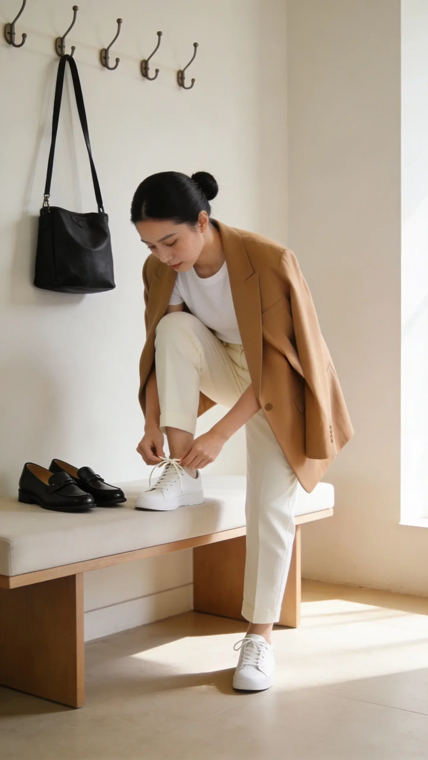 Morning entryway scene: woman tying white sneaker laces, wearing cream trousers, white tee, draped camel blazer, sleek bun; black loafer pair beside a minimalist bench, coat hooks with a single black tote; warm natural light, calm, uncluttered, no text.