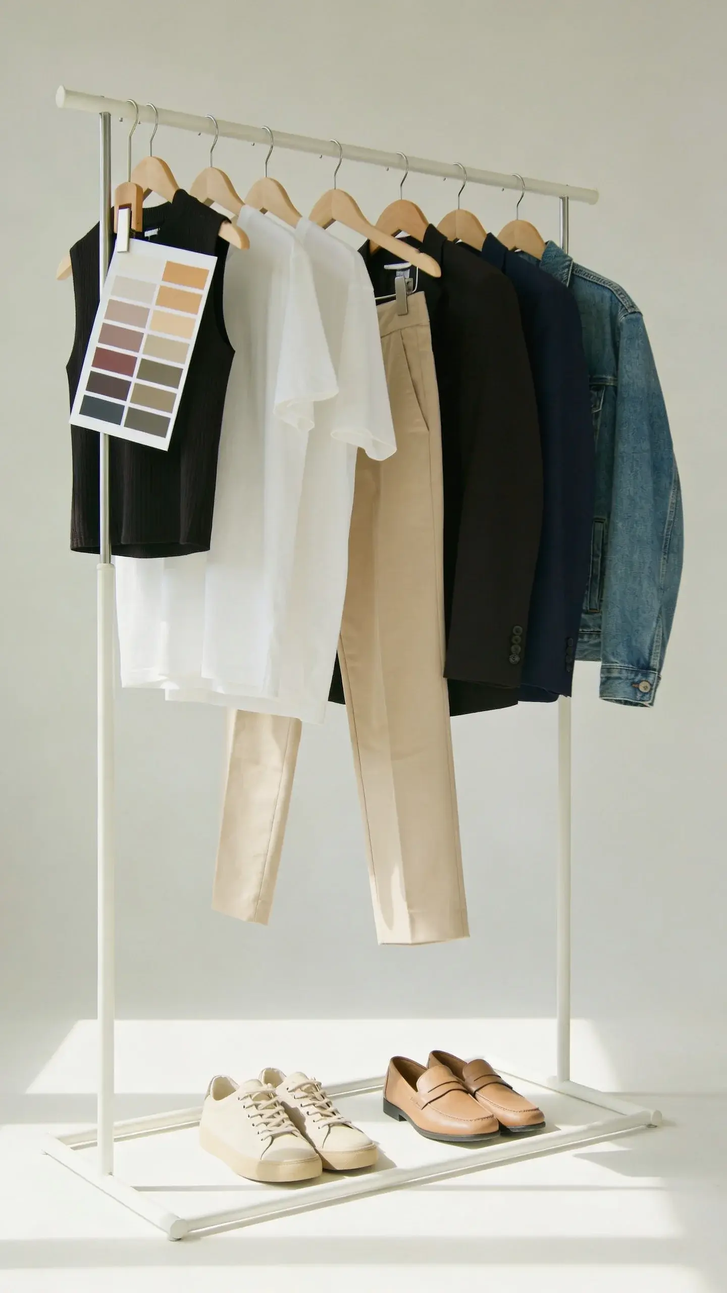 A minimalist capsule wardrobe rack organized by a base palette of black, white, beige, and navy: neatly hung blazers, tees, trousers, and a denim jacket; neutral sneakers and loafers below; a color swatch card clipped to the rack, bright daylight in a clean studio setting.