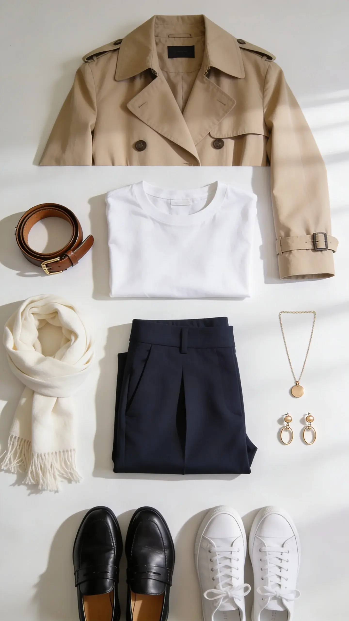 A flat-lay of three core items designed to mix-and-match: a beige trench coat, white tee, and navy tailored trousers; surrounded by five outfit combinations shown through arranged accessories (belt, scarf, loafers, white sneakers, simple gold jewelry), neutral background, soft shadows.