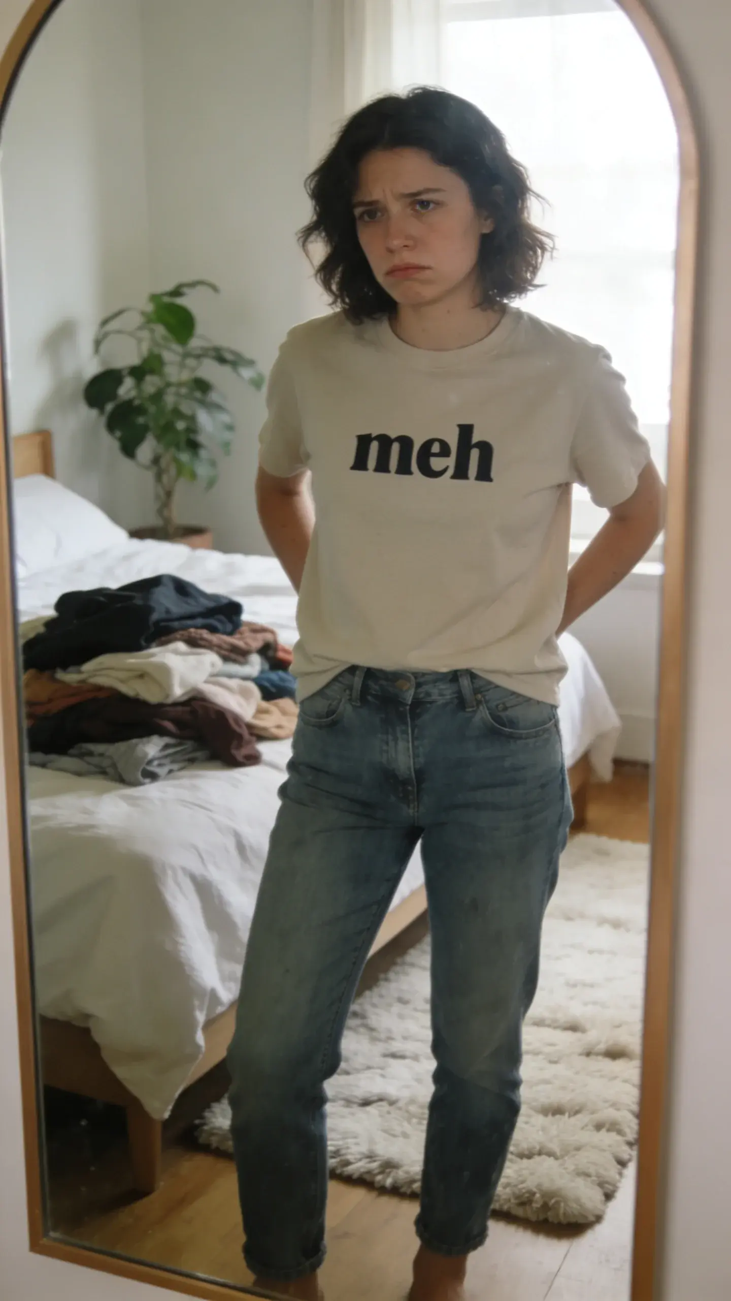 A person standing before a mirror wearing the same reliable jeans and a plain “meh” top, looking unexcited; piled clothes on the bed behind them; muted morning tones, cozy bedroom with a plant and soft rug, no text.