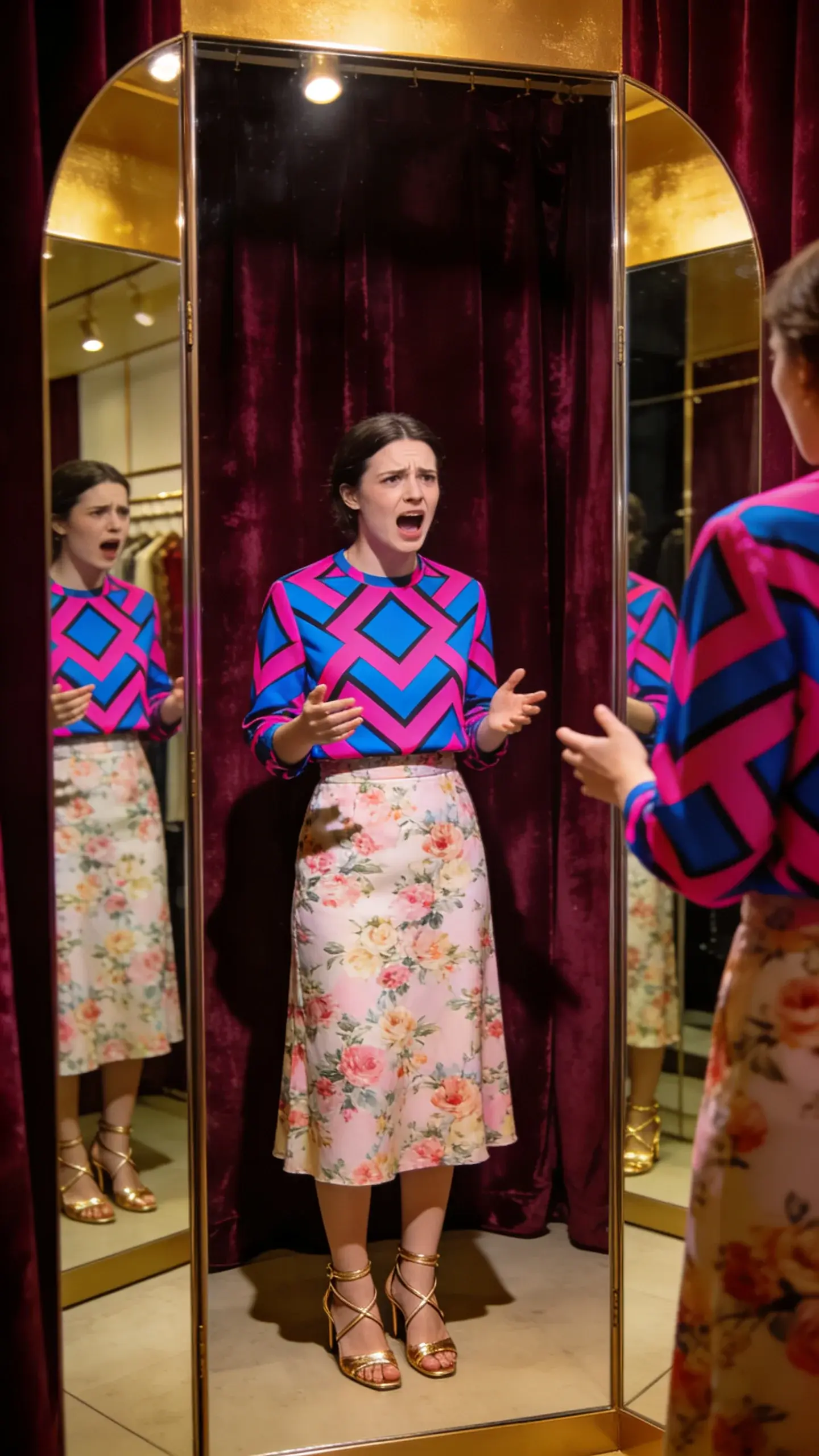 A boutique fitting room scene with someone trying on a striking statement top that clashes with the skirt and shoes they brought, visible frustration; mirror reflections show clashing patterns and colors; warm spotlighting, velvet curtain backdrop.